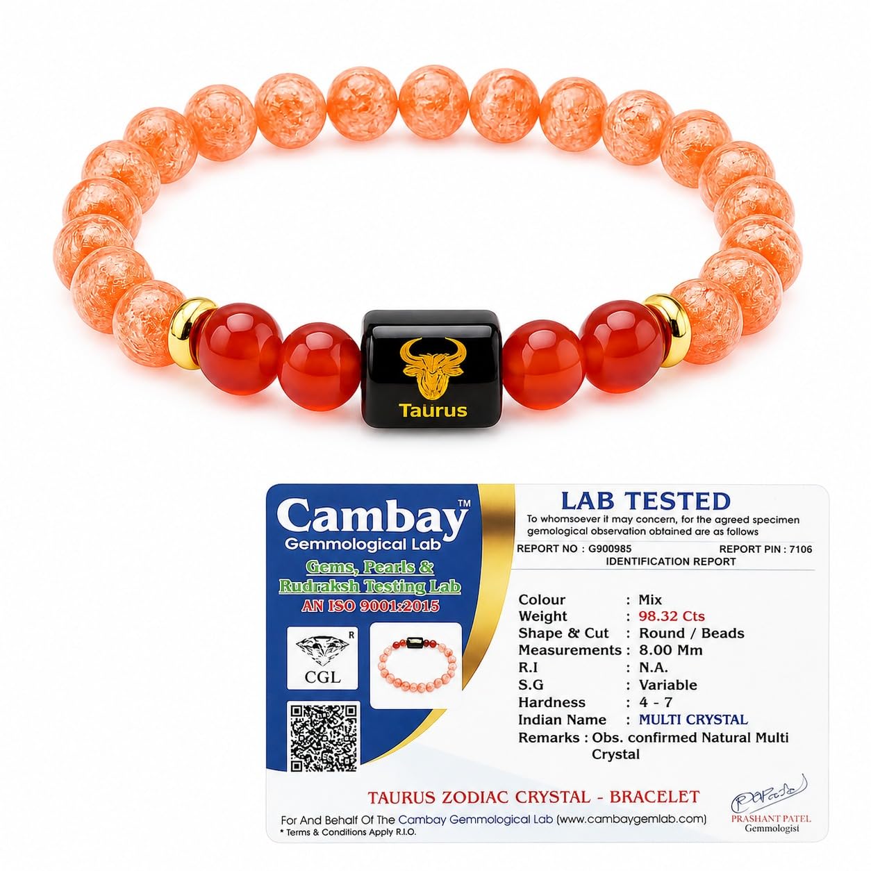 PANAKUMUS Certified Taurus Zodiac Bracelet (वृषभ राशि) | Original Sunstone & Carnelian Crystals for Strength Balance & Confidence | Healing Gemstone | Astrology Bracelet for Men & Women | Premium Zodiac Gift