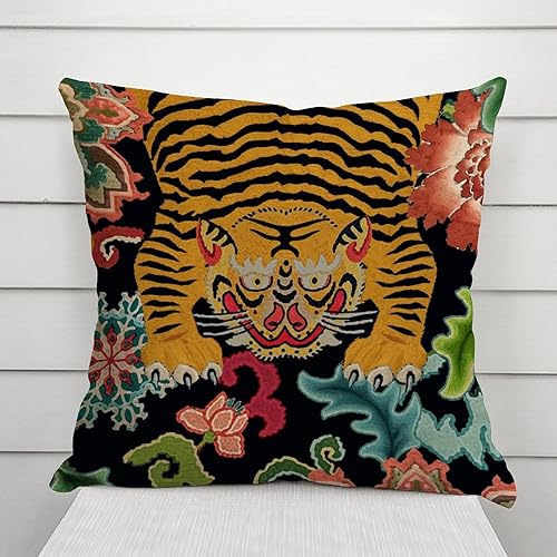 Miniatura 3 de ArogGeld Chinoiserie - Fundas de almohada con estampado de animales de tigre, funda de almohada asiática, rosa, verde y turquesa, floral, colorida,