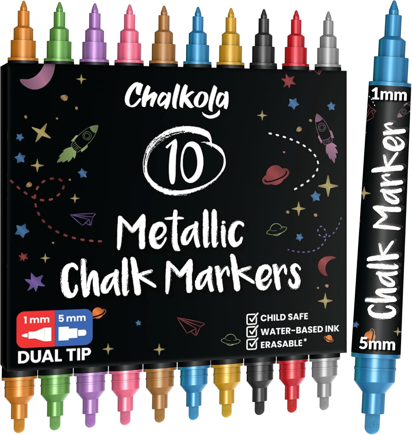 Chalkola Kreidestifte für Tafel Abwaschbar | 10 Metallic Stifte mit 3mm Umkehrbarer Spitze | Kreide Stift für Fenster, Tafel, Whiteboard & als Glasstift. Chalk markers für Erwachsene & Kinder