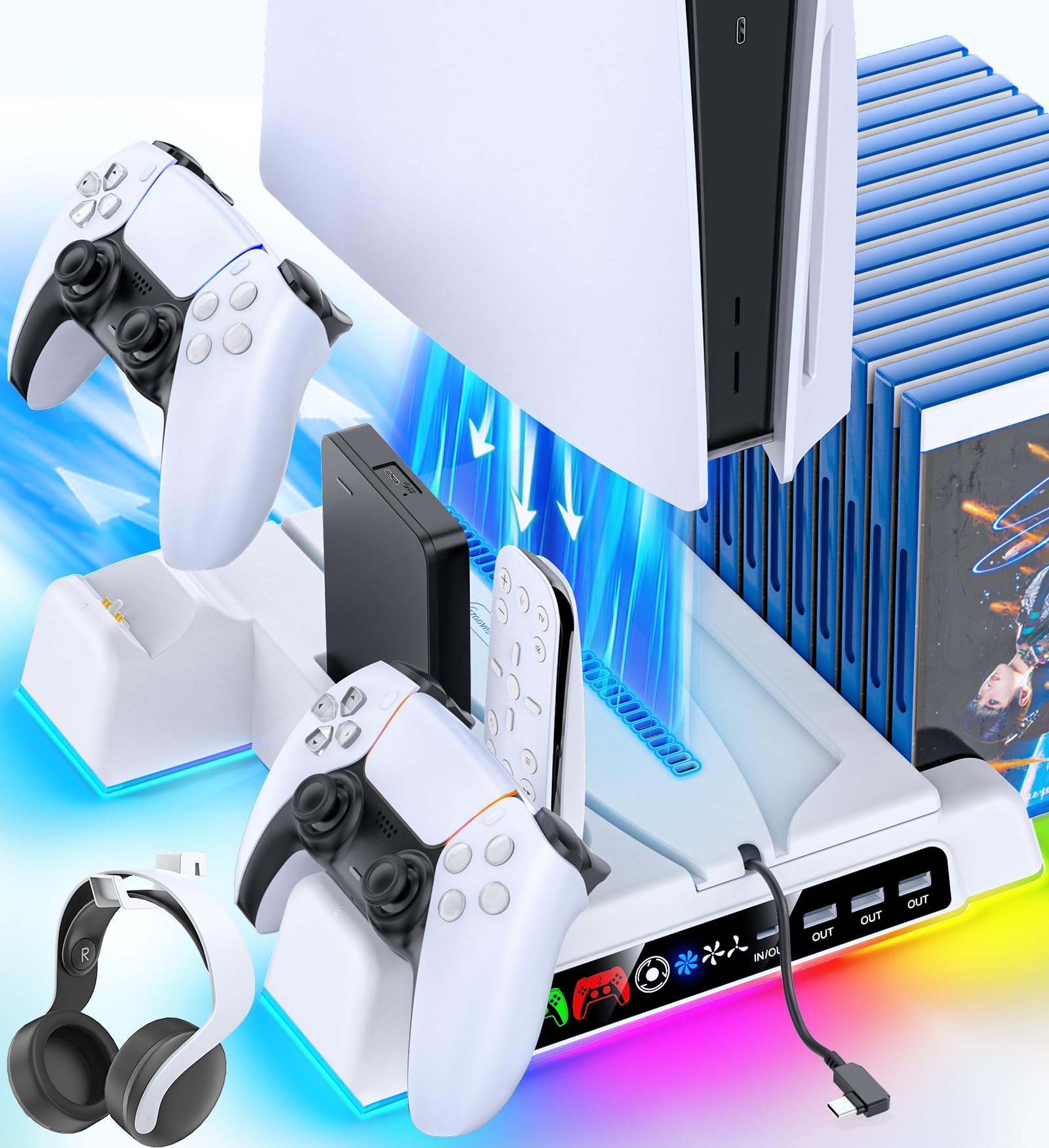 PS5 Standfuß mit Lüfter und Controller Ladestation für PS5 Konsole, LED Anzeige, USB Anschlüsse, Spiele Steckplätze