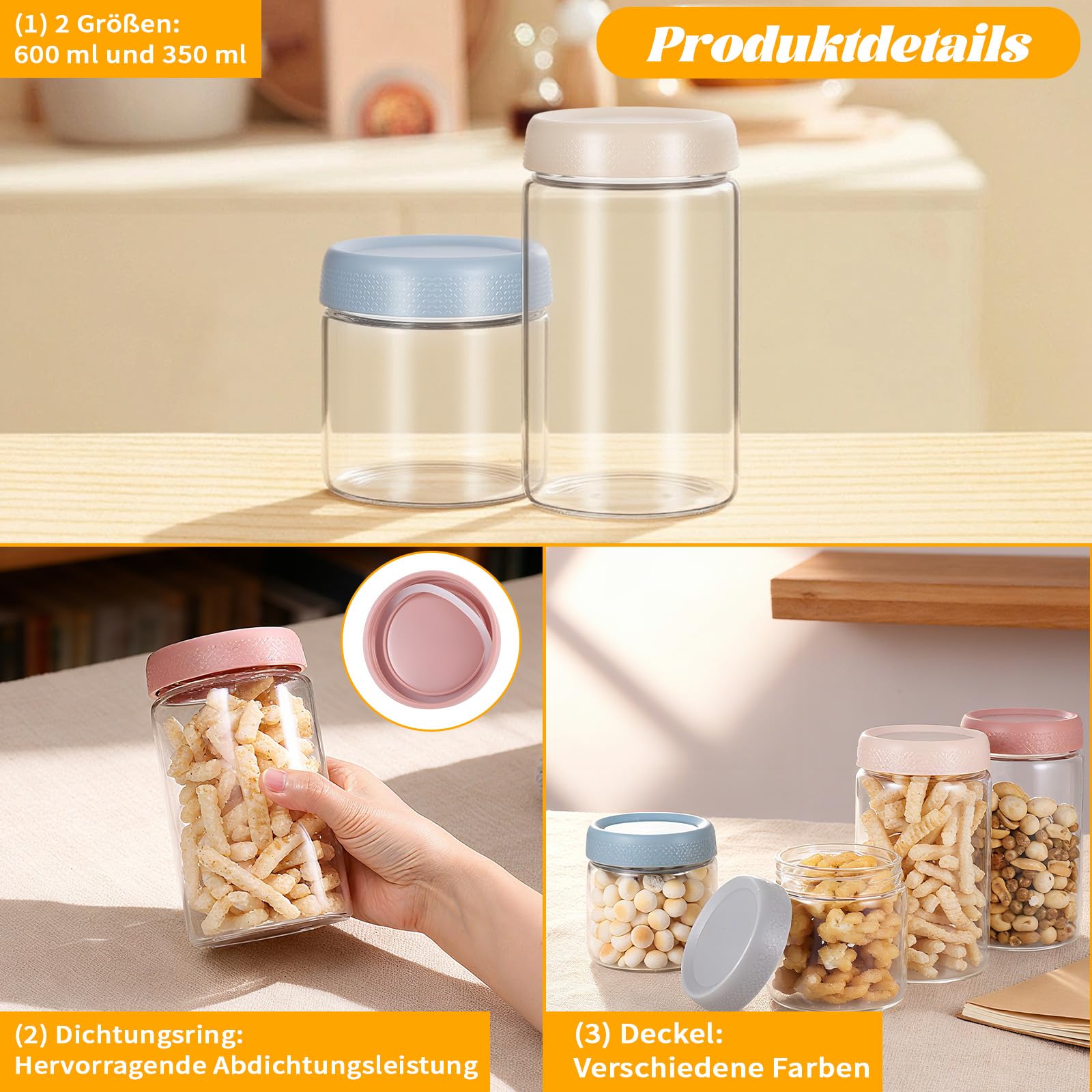 Zocipro Zestaw 4 słoików Overnight Oats Jar 600 ml i 350 ml, słoiki ze szkła borokrzemianowego, słoiki na jogurt i owsiankę z uszczelnianymi zakrętkami, hermetyczny szklany słoik do przygotowywania