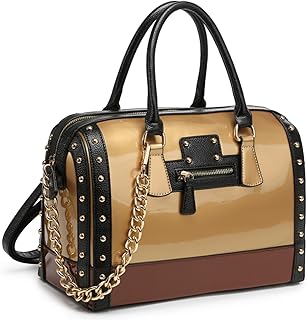 Dasein Women's Barrel Bag Shiny Patent Faux Leather Handbag with Rivet Decoration Top Handle Satchel Shoulder Purse