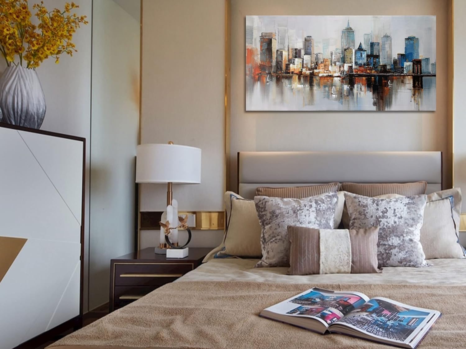 Arjun Brooklyn Bridge Wall Art Modern New York City Abstract Canvas Cityscape Painting Large Size Framed, Colorful NYC Skyline Textured Picture for Living Room Bedroom Home Office Wall Decor, 48"x24" Original Design