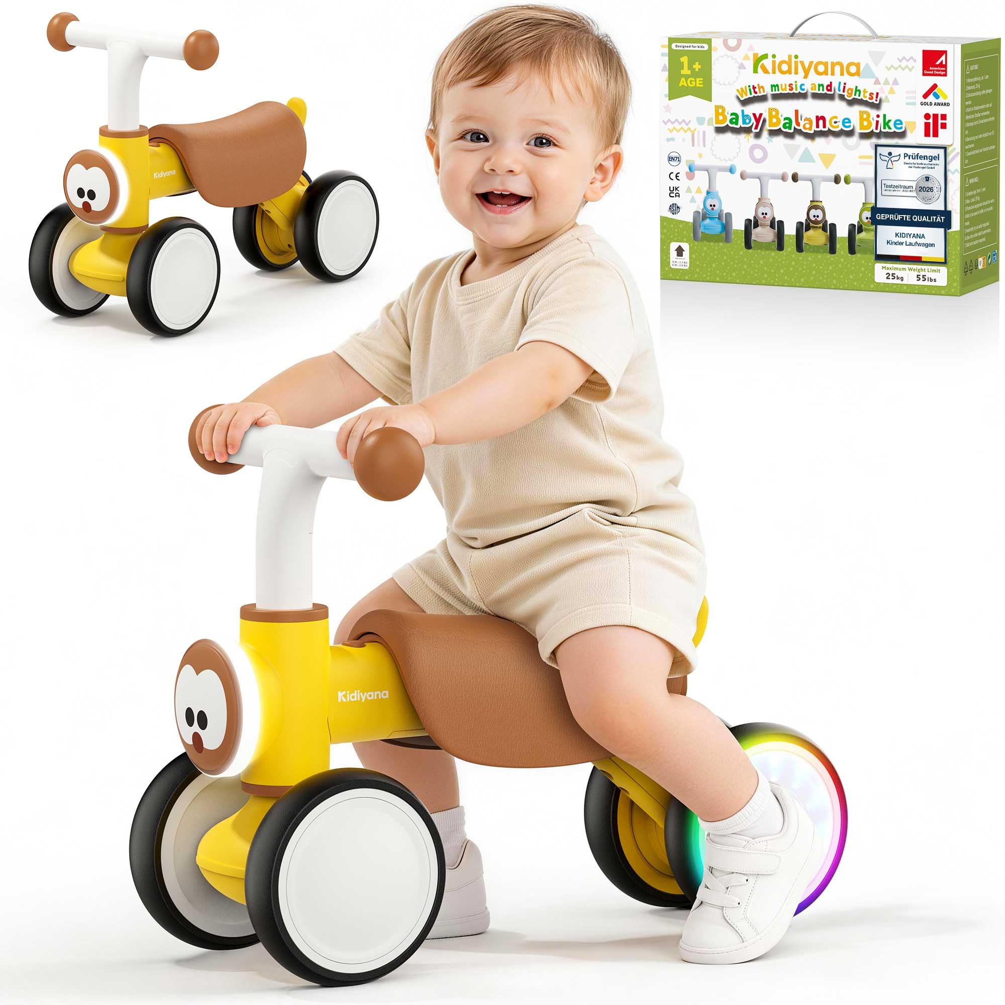 Bicicletta per bambini a partire da 1 anno, con musica e luce, ruota posteriore luminosa, ruota scorrevole per ragazze e ragazzi, regalo per bambini fino a 25 kg