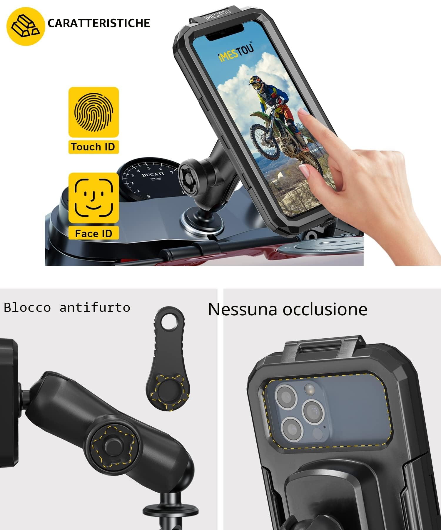 iMESTOU Supporto Impermeabile per Telefono da Forcella, Supporto per Telefono da Moto con Base a Sfera da 1" in Alluminio Rotazione di 360° per Telefoni Cellulari da 5,5"-6,8"(L)