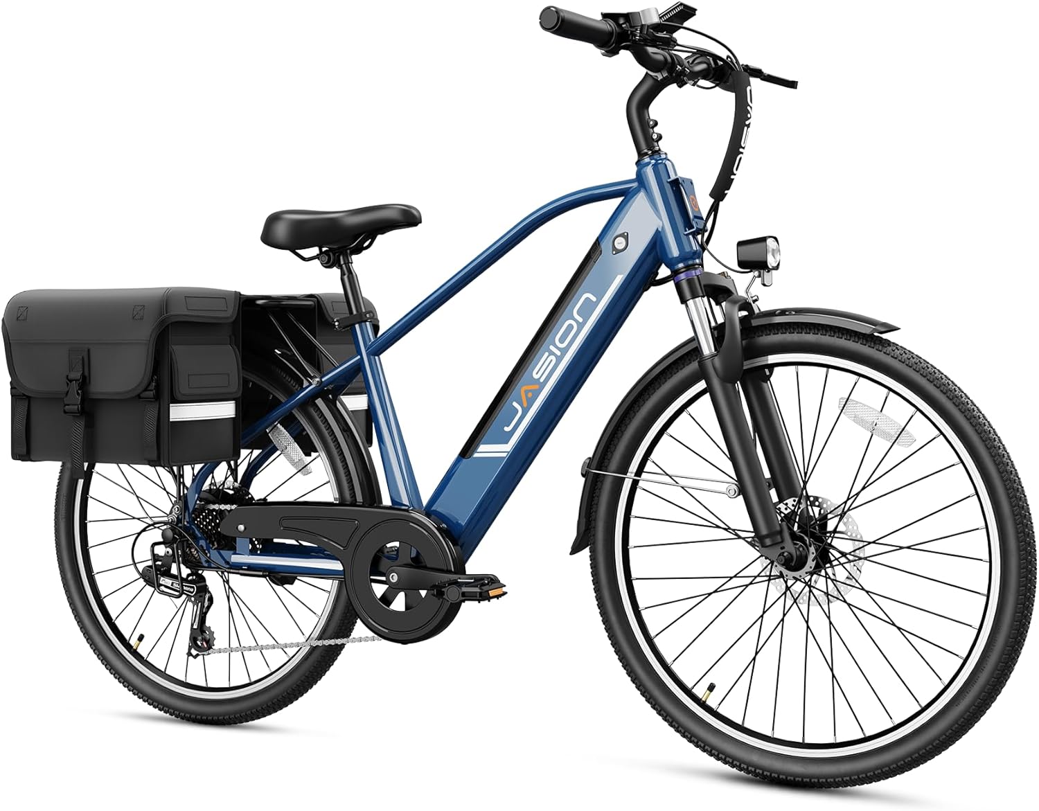 Jasion Roamer Electrical Bike for Adults,1200W Peak Motor,528WH Detachable Battery Ebike,28 MPH Max Velocity,7-Velocity Bicycle and Entrance Suspension,26” Commuter E Bike,Blue Shade,with Saddle Bag