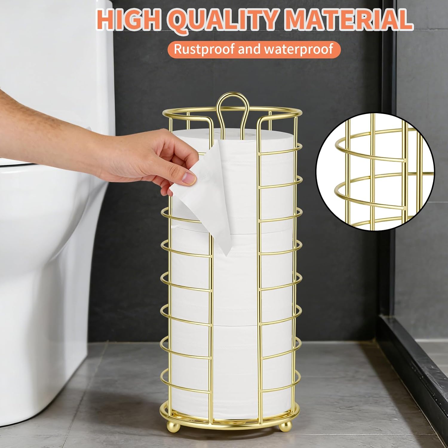 Toilet Paper Holder Stand - Freestanding Toilet Paper Storage,Gold Bathroom Organizer,3 Mega Roll Toilet Paper Roll Holder for Under Sink, Vanity, Cabinet Shelf (Gold)