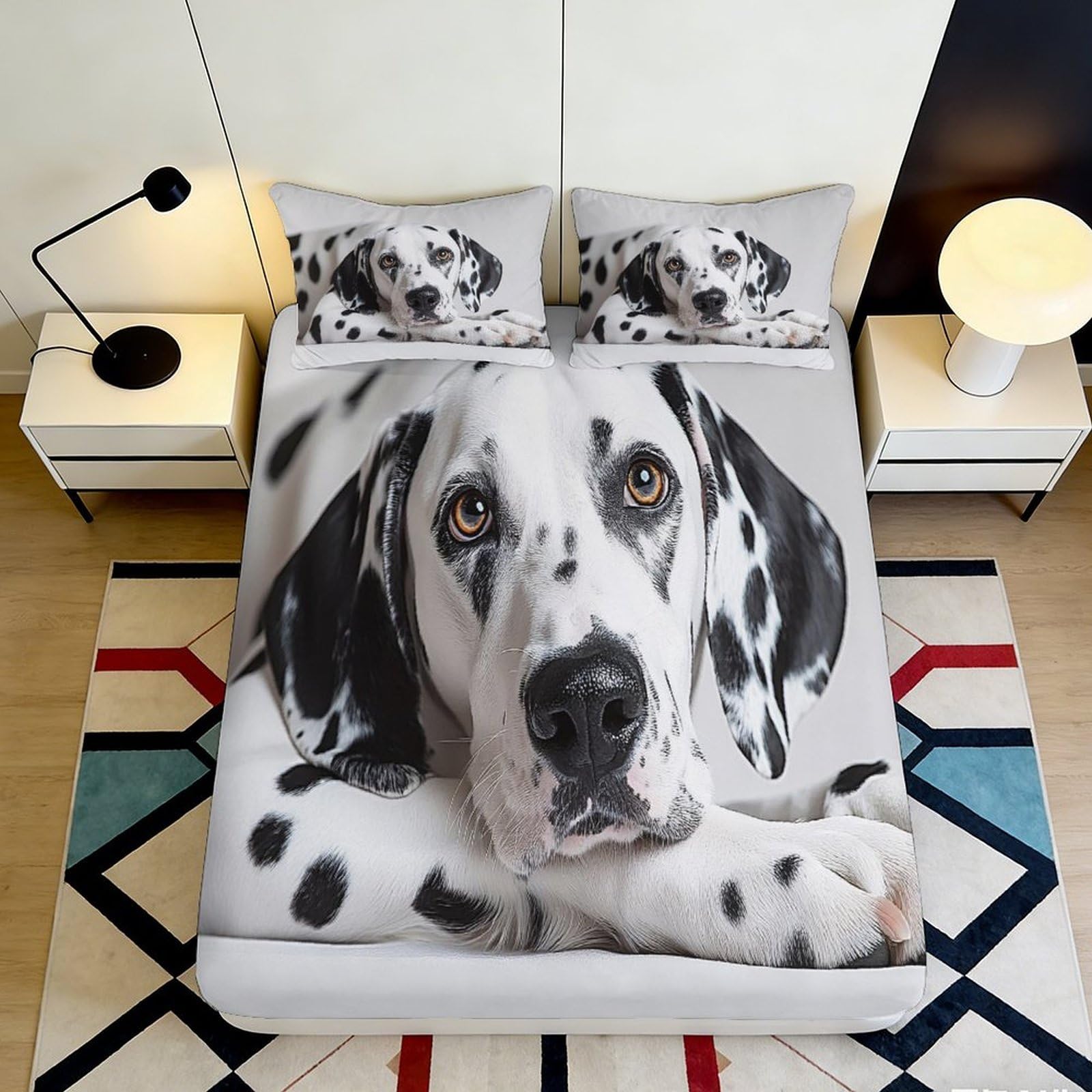 3D Printed Dalmatian Dog Fitted Sheet Microfiber Soft Anti-Slip Animal Bed Cover for Bedroom Guest Room Decor 90x200x25cm