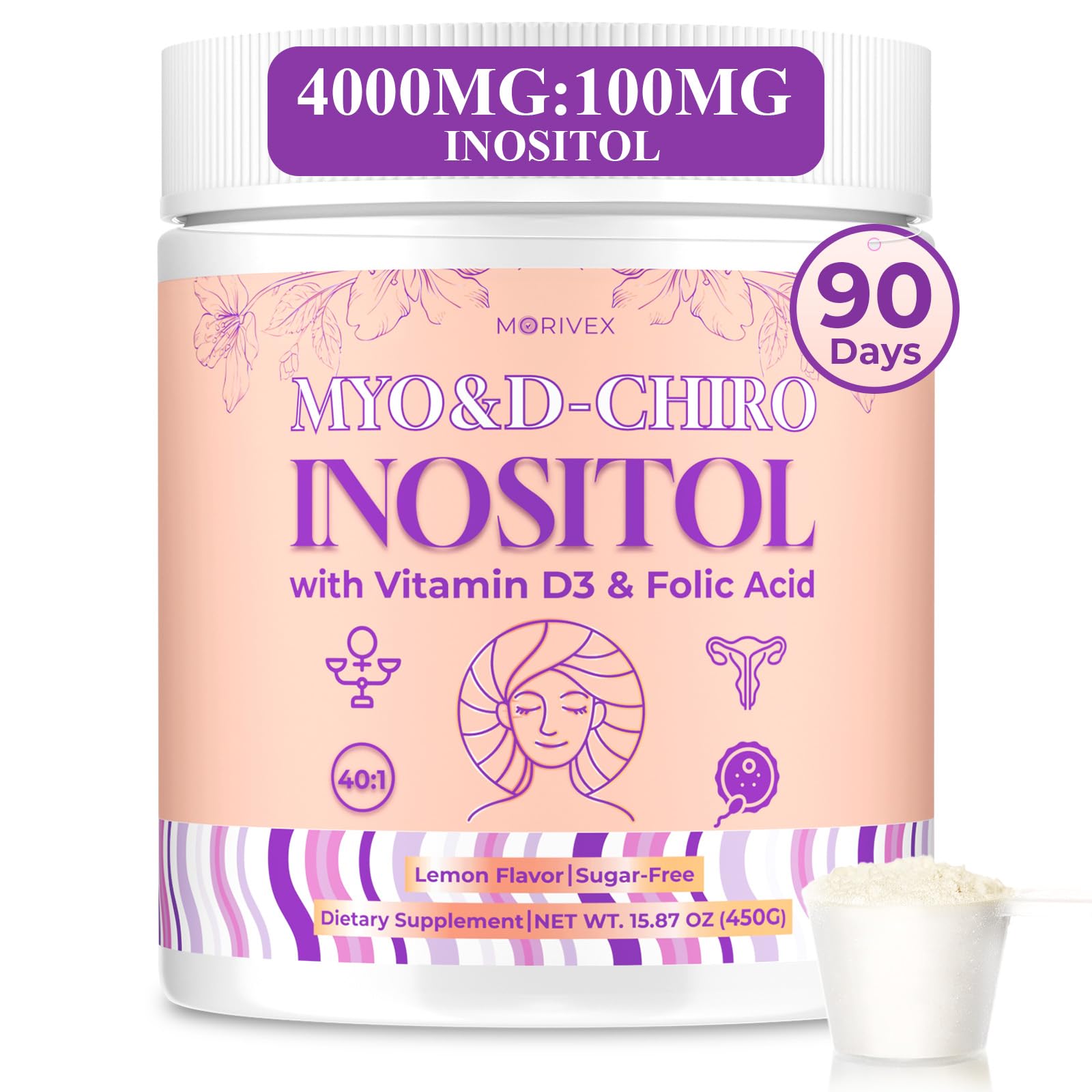 Morivex Suplemento de Inositol em Pó com Myo-Inositol e D-Chiro-Inositol, 4.000 mg + 100 mg, 450 g