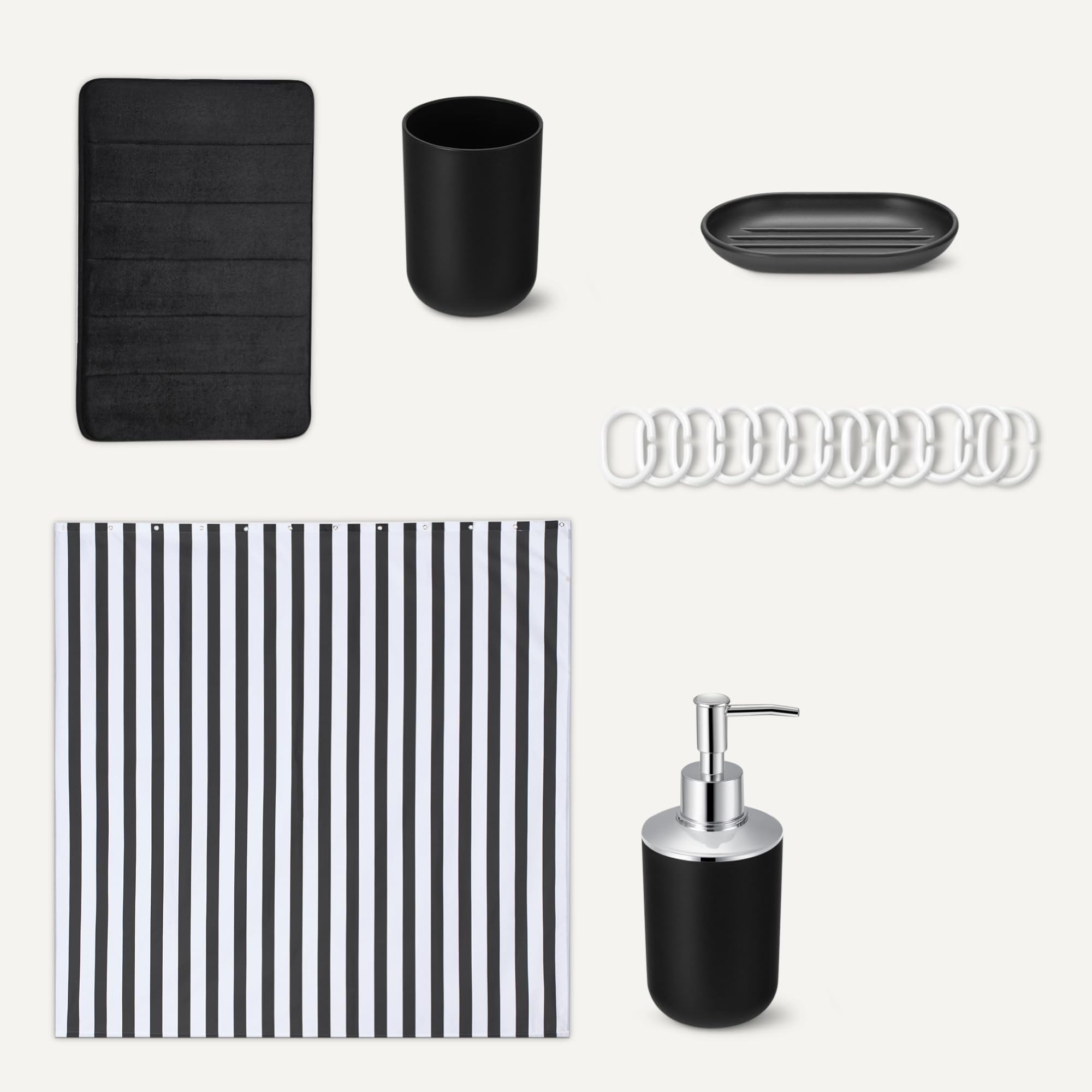 Amazon Basics Set d'Accessoires Salle de Bain : Rideau de Douche avec Crochets, Tapis de Bain Memory Foam, Distributeur de Savon, Porte-Savon, Porte-Brosse à Dents & Gobelet, Noir