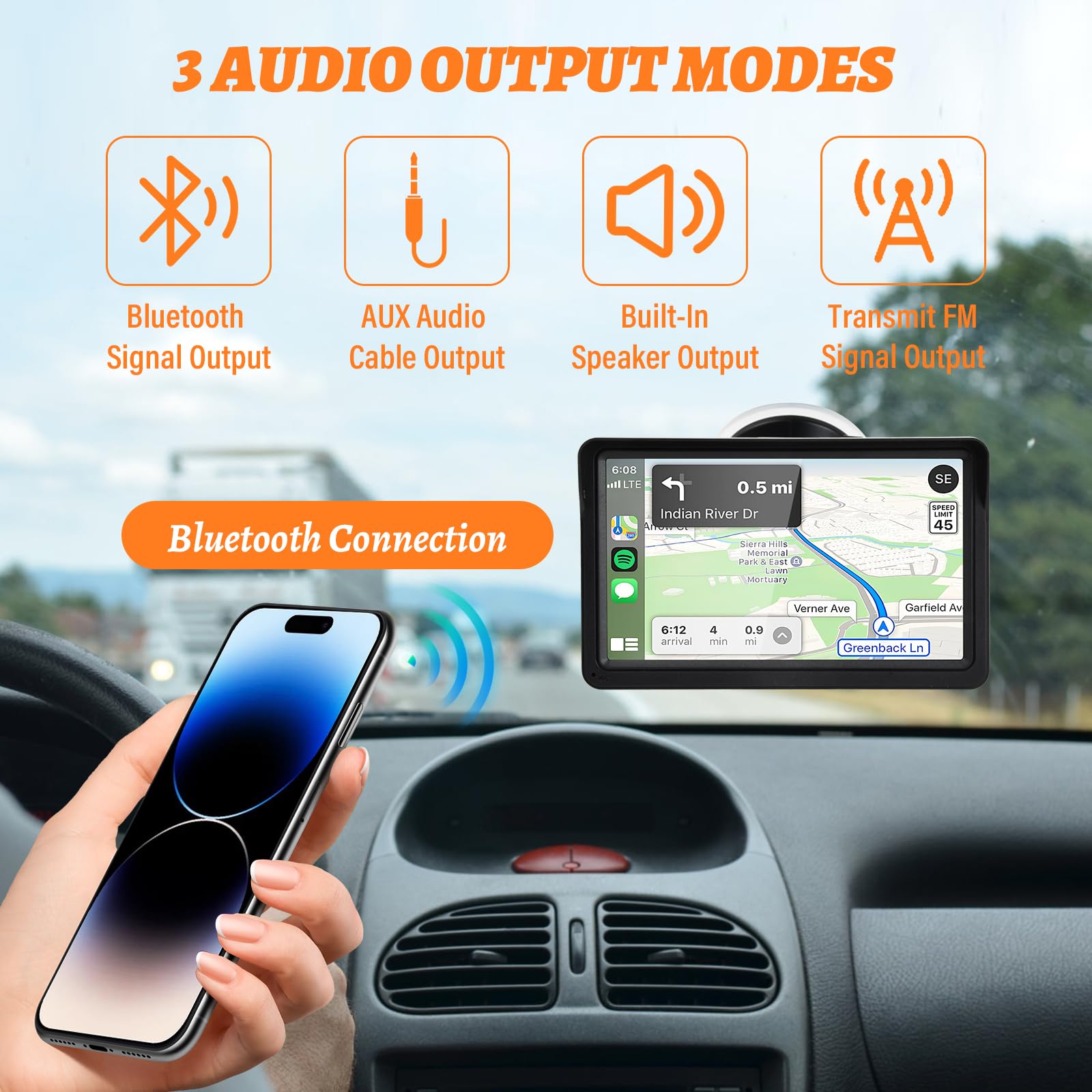 7 Pulgadas Portátil Radio Coche con Pantalla Táctil Bluetooth, Reproductor Carplay Inalámbrico y Android Auto, GPS/AUX/FM