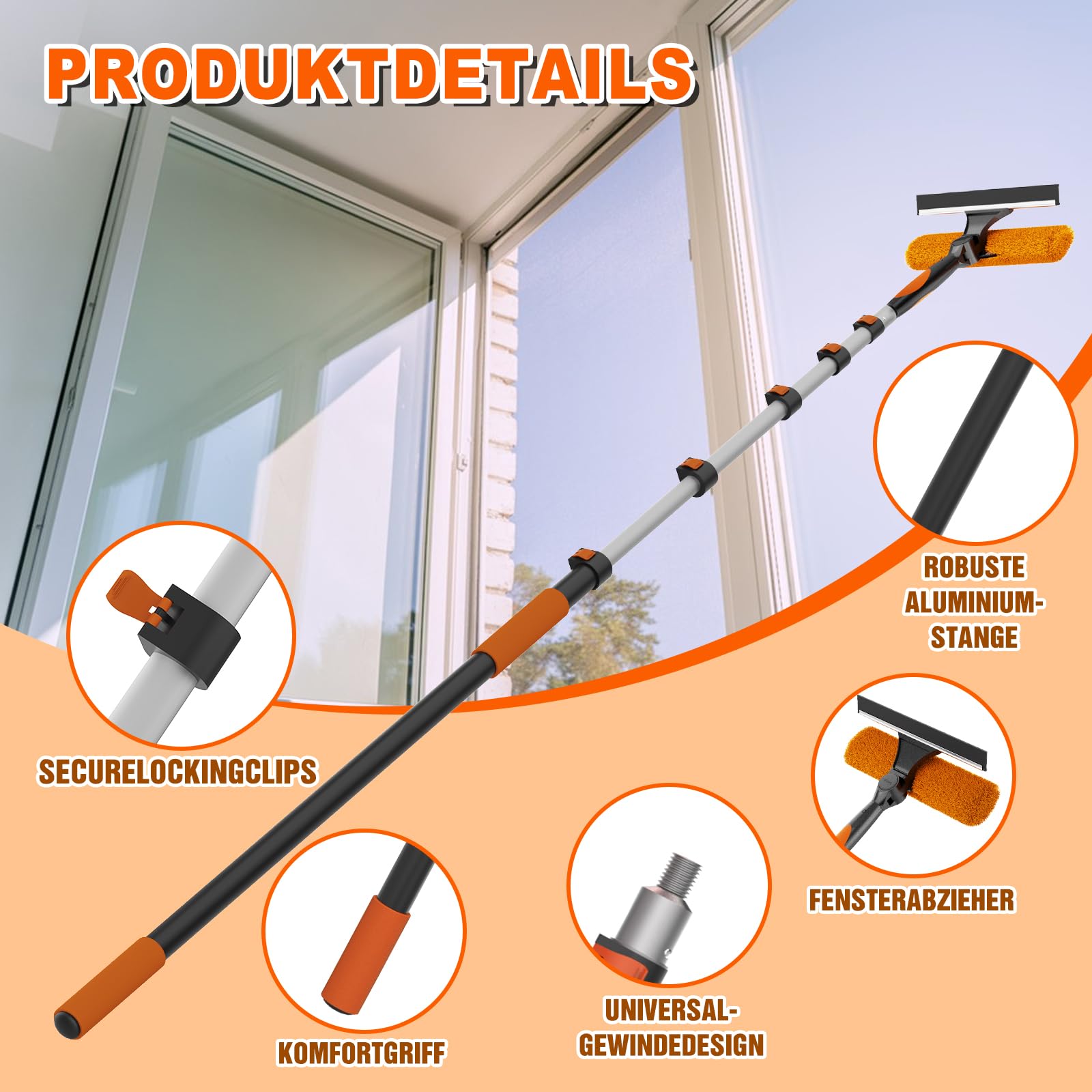 SISUPASSIE 2-in-1 Fensterputzer, 7,2m Fensterabzieher, professionelles Fensterwischer mit Teleskopstiel, drehbarer Kopf für hohe Fenster, für den Innen- und Außenbereich