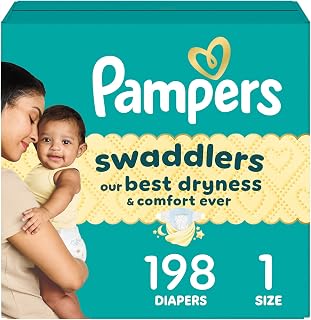 Pampers Swaddlers Size 1 Diapers 198 Count - Absorbent Newborn Diapers 8-14 lbs Leak Protection Dry Comfort