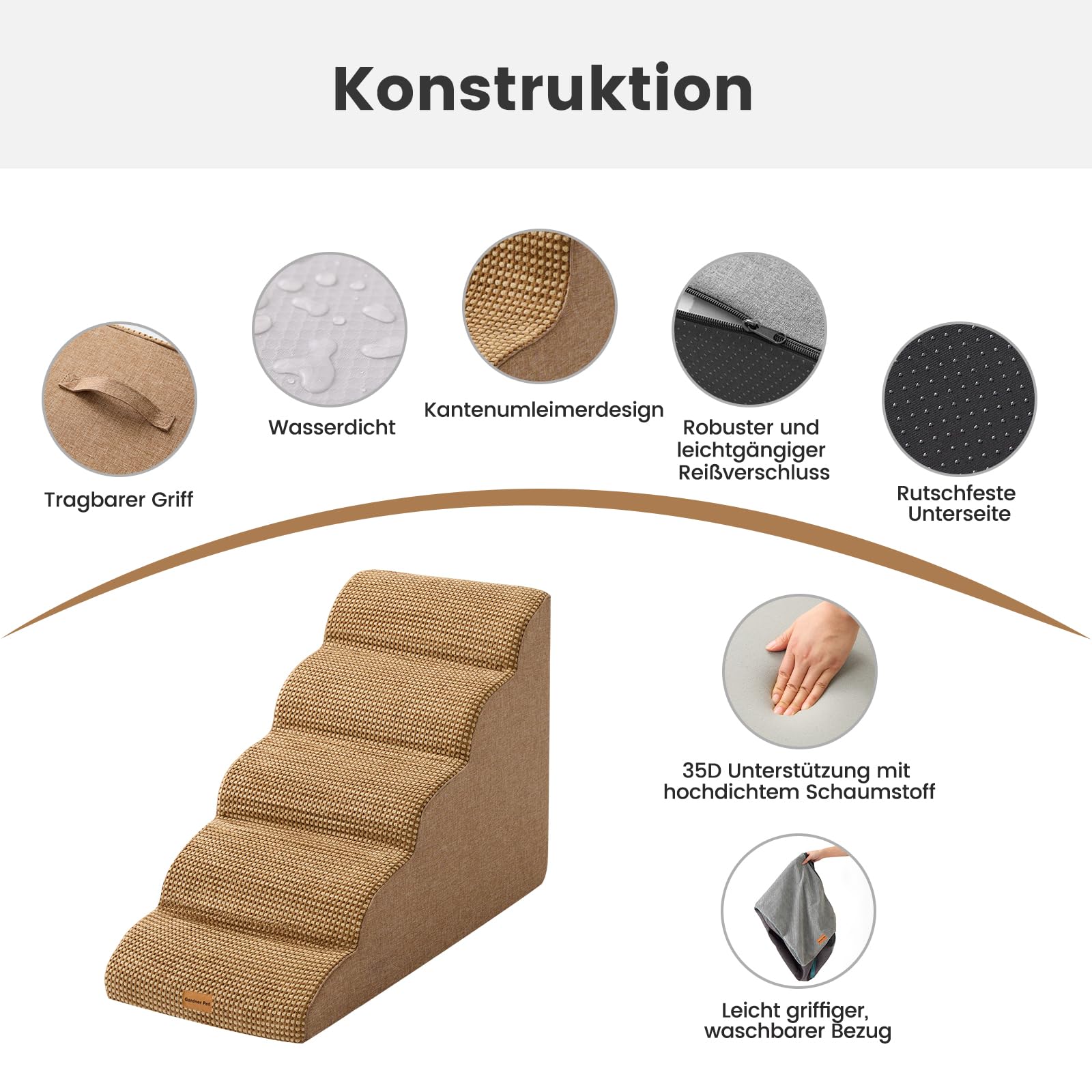 Gardner Pet Hundetreppe 5 Stufen, Waschbarer Hundetreppe 55cm Hoch, rutschfeste Haustiertreppe für Kleine Hunde, Tragbar Hunderampe Katzentreppe aus hochdichtem Schaumstoff für Sofa Bett