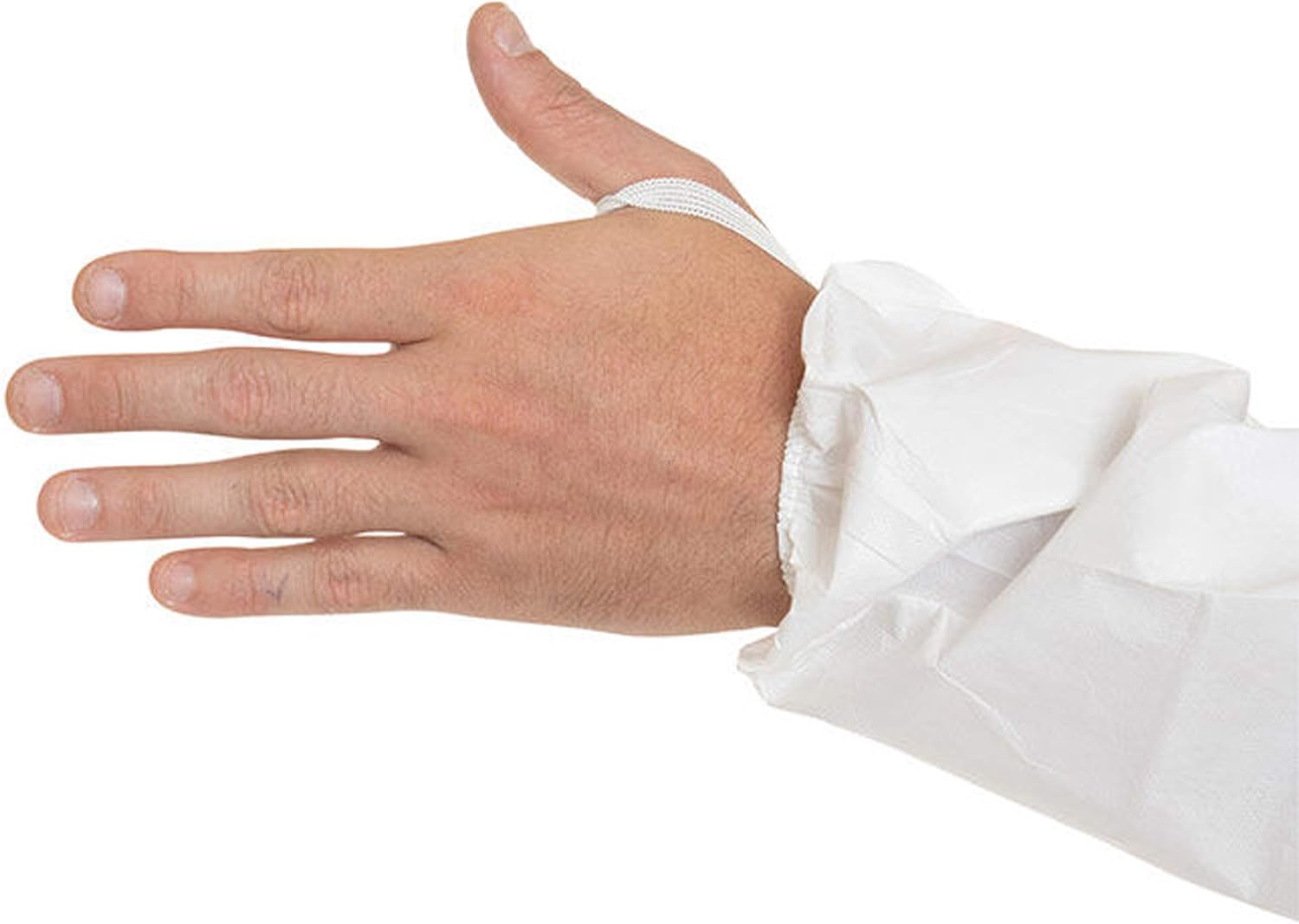 Sterile Coverall (White) with Tunnelized Elastic Wrists, Ankles, and Back. Thumb Loops. Serged Seams, Sterilized