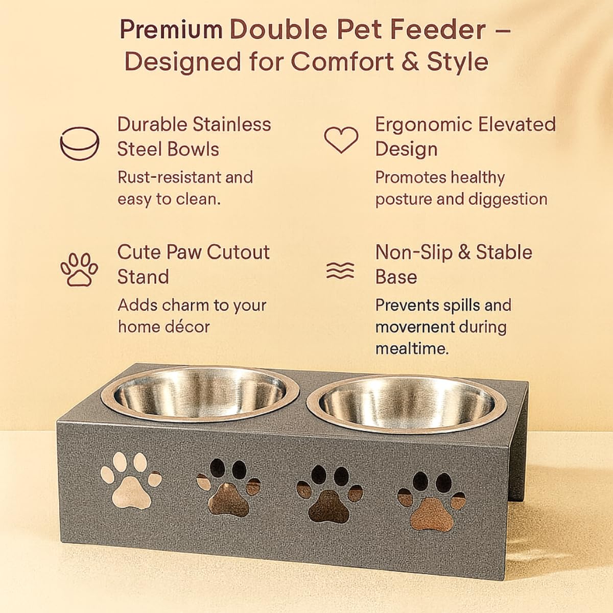 Metal Silver Stylish Dog Bowl Stand | 2 Stainless Steel Bowls for Raised Dogs & Cats | Elevated Dog Food Removable Bowls | Pet Feeder & Water Dispenser for All Breeds Paw Design (Set of 2 Each 400ml) 2