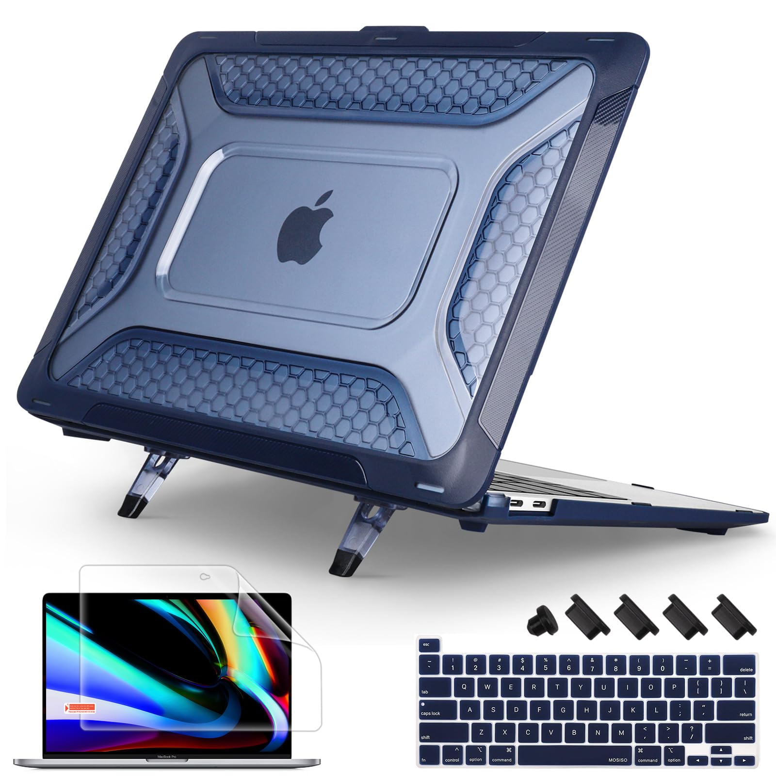 Photo 1 of [ 2022 Honeycomb Fold Kickstand ] May Chen Compatible with MacBook Pro 16 inch Case with Touch Bar, 2019 2020 Release Model A2141, Heavy Duty Dual Layer Hard Shell Case Cover with TPU Bumper?Navy blue