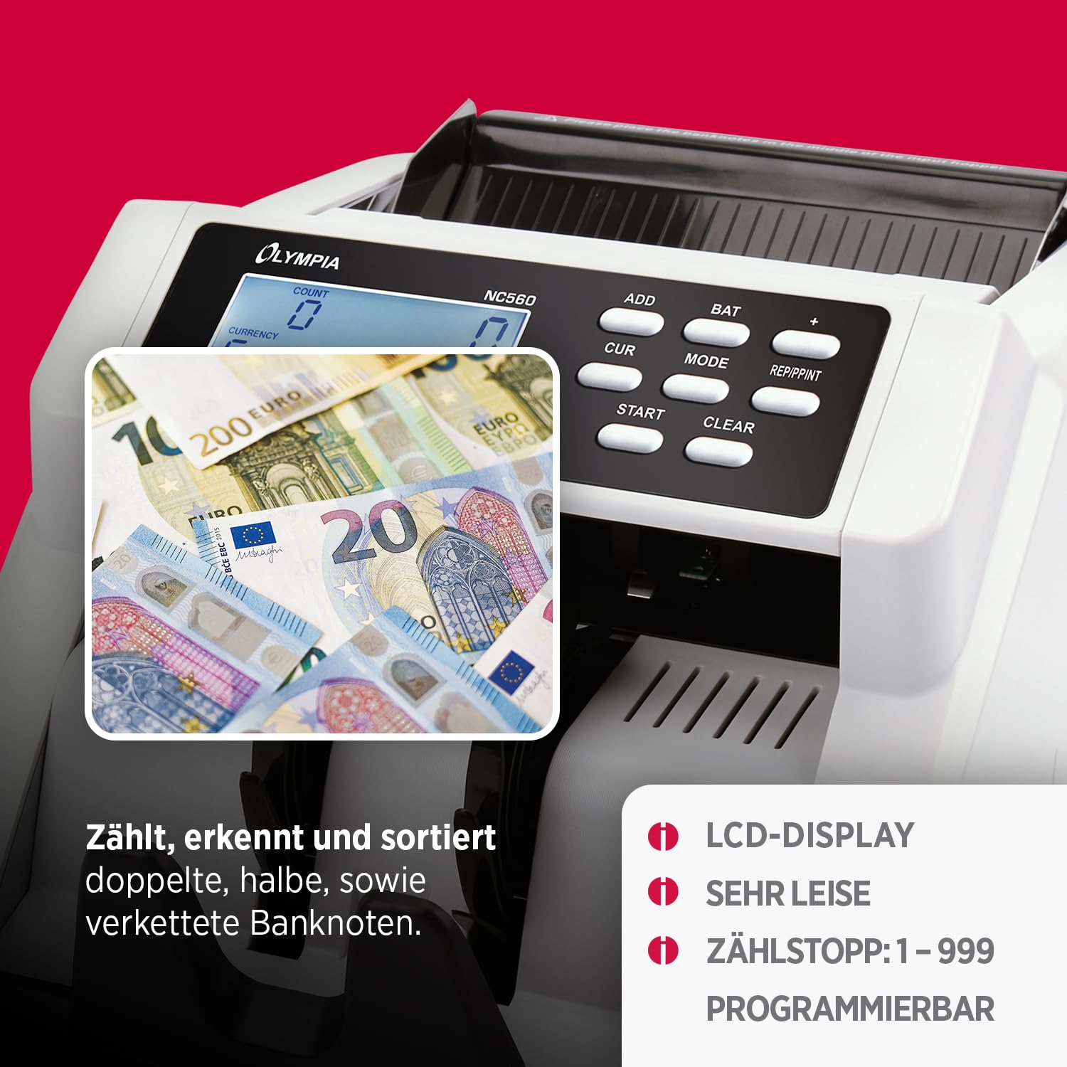 Olympia NC 560 Geldzählmaschine für Scheine | Gemischtwertzähler für unsortierte Banknoten | Banknotenzähler mit Falschgeld Prüfer | LCD Display | Geldscheinprüfgerät | 1000 Noten/Min | Geldzähler