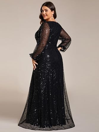 Ever-Pretty Women's Elegant A-Line V Neck Sheer Long Sleeves Plus Size Sequin Formal Dress Evening Gown