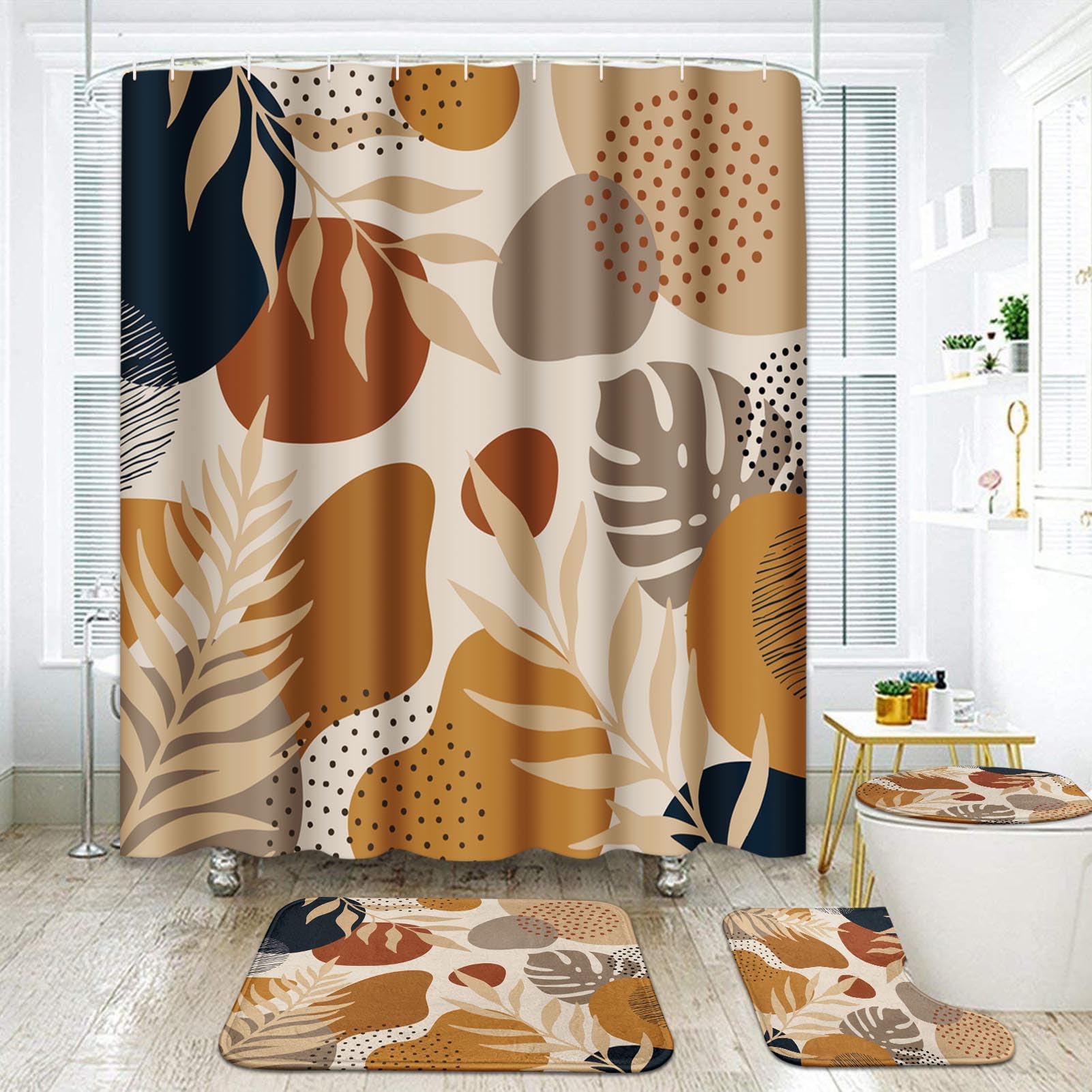 ArtSocket Beige Bathroom Set with Shower Curtain and Rugs and Accessories, Boho Flower Floral Tropical Shower Curtain, Geometric Bathroom Decor 4 Pcs
