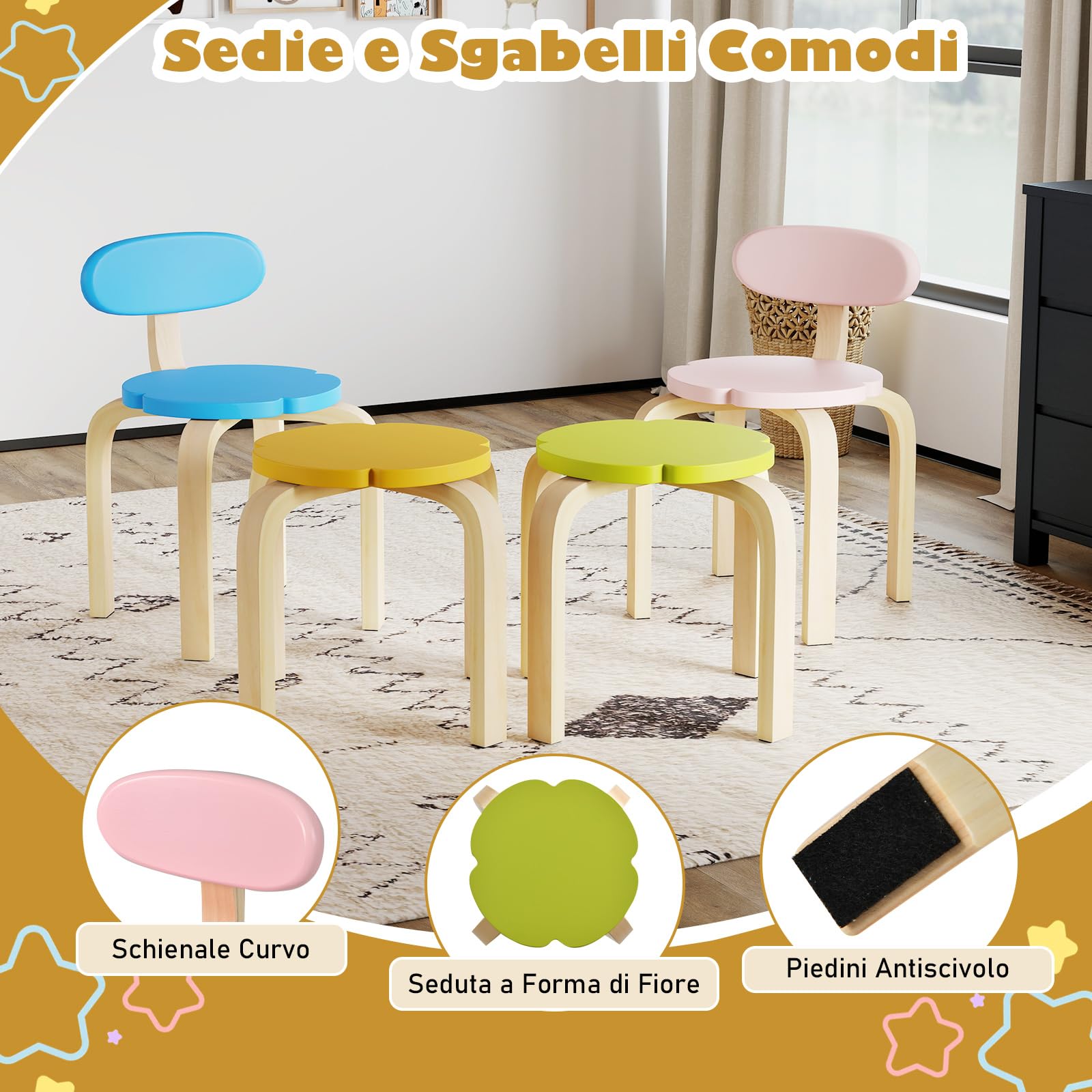 RELAX4LIFE Set Tavolo e Sedie per Bambini 5 Pezzi, Tavolo Attività in Legno a Forma di Fiore con 2 Sedie e 2 Sgabelli