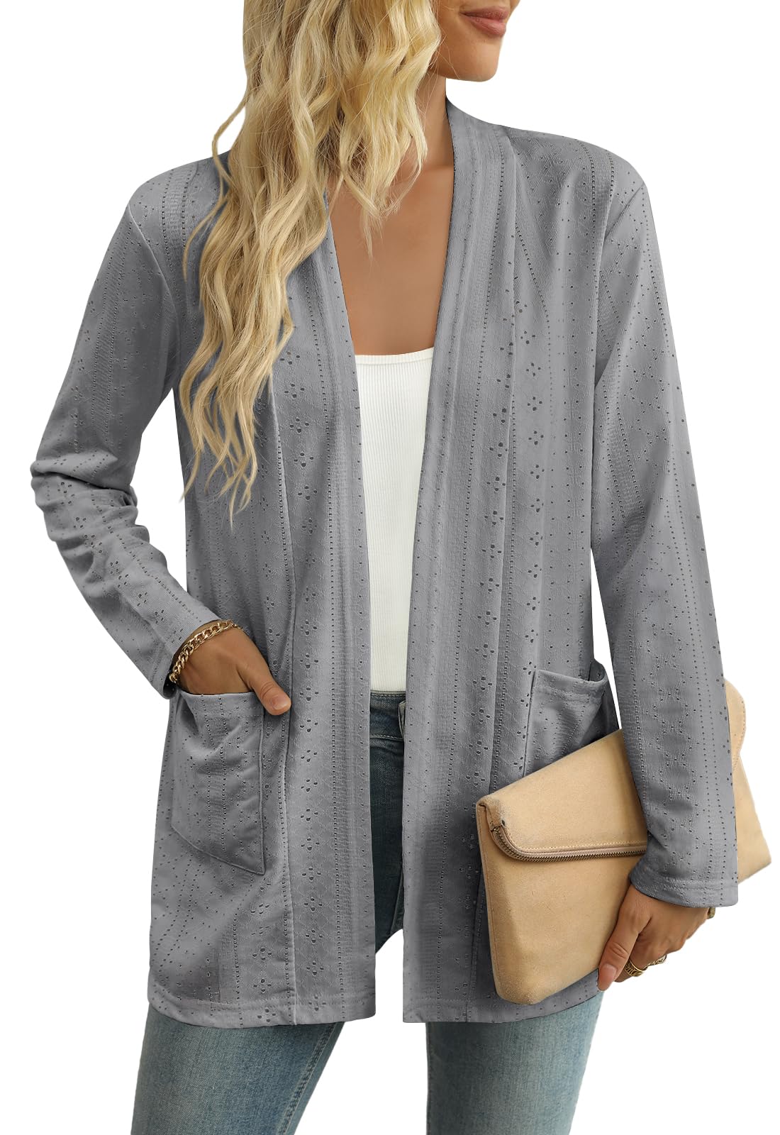 Women's Lightweight Open Front Cardigan Casual Long Sleeve Loose Cardigans with Pockets-image-2