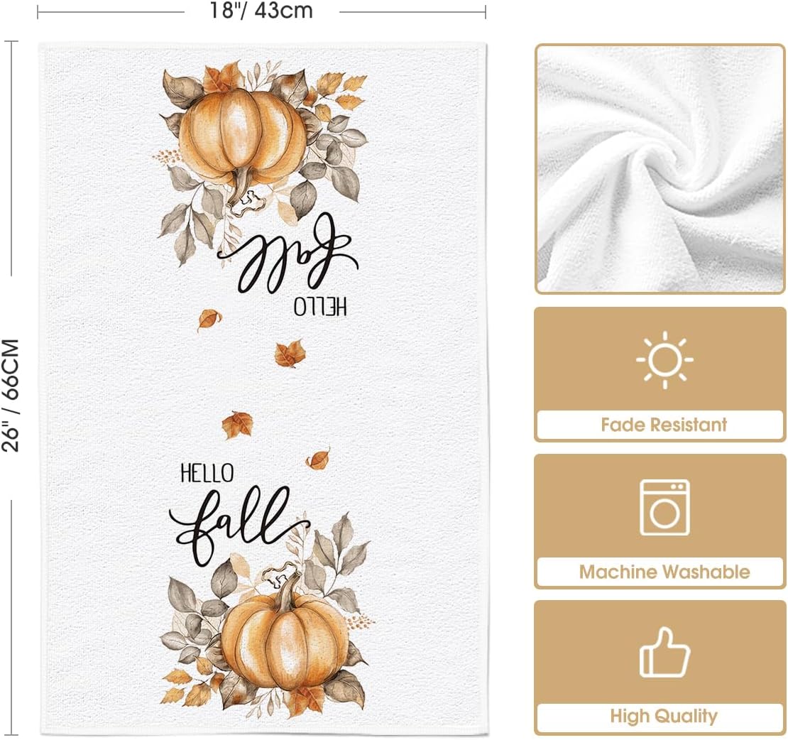 Artoid Mode Pumpkin Hello Fall Kitchen Towels Dish Towels, 18x26 Inch Autumn Floral Leaves Thanksgiving Decoration Hand Towels Set of 2 - Image 6