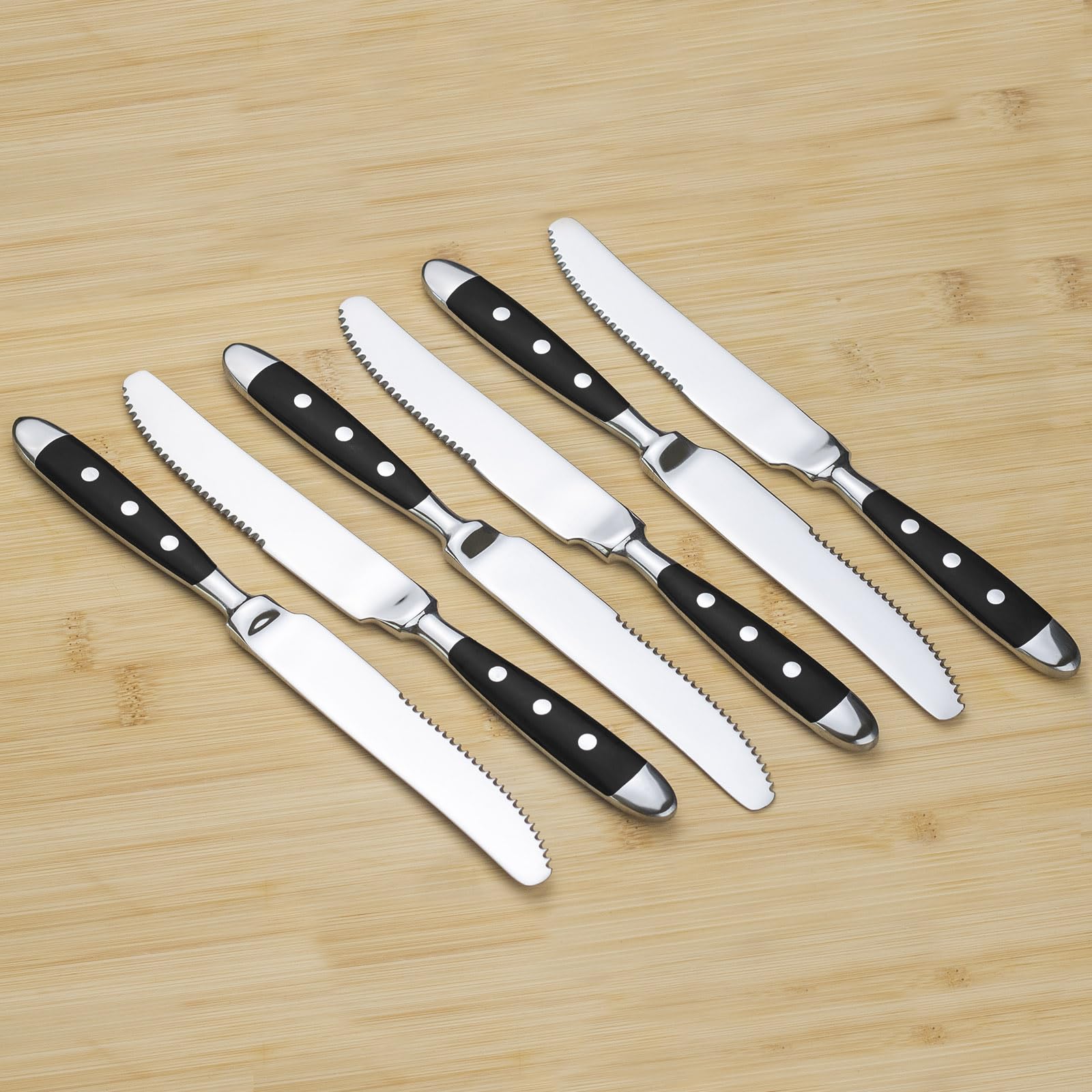 Alata Steakmesser Set 6 Stück,Küchen Steakbesteck Messer set,Scharfe Pizzamesser, Schwarzen Griffen,Edelstahl poliert,Wellenschliff,für Haushalte das Esszimmer, Serie Berlin