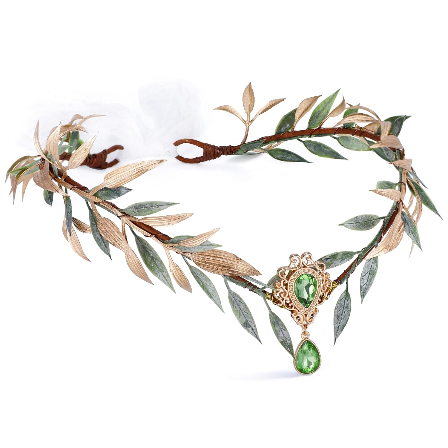 MOSTORY Handmade Fairy Flower Crown - Elf Crown Woodland Headpiece Forest Leaf Circlet for Women Renaissance Ren Faire Halloween Cosplay Photo Shoot Green Gold Green and Gold