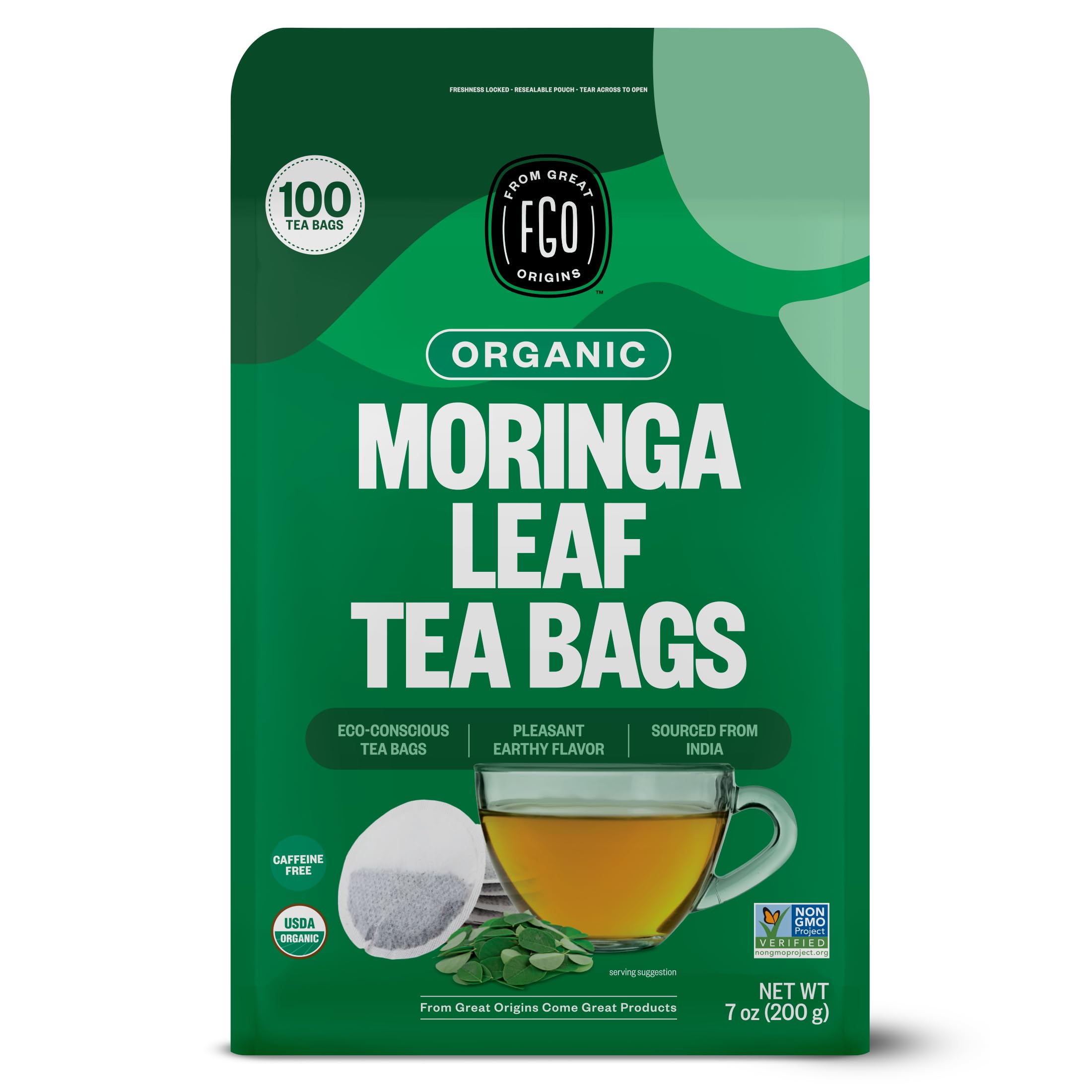 FGO Organic Moringa Tea, 100 Count, Eco-Conscious Tea Bags, Resealable Bag, Caffeine Free, Packaging May Vary (Pack of 1)