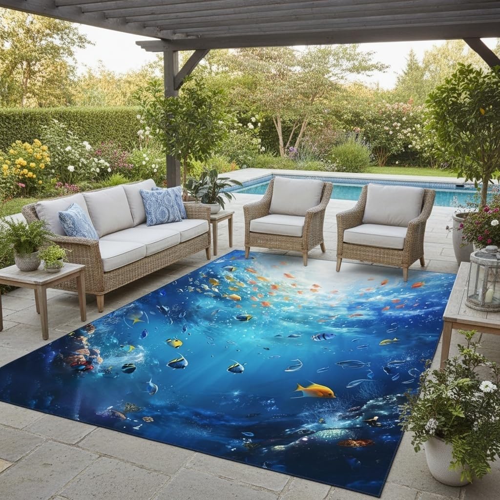 Ocean Blue Coastal Theme Tropical Fish Waterproof Washable Outdoor Rug for Patio Pool Deck Garden Balcony Backyard Large No Skid Outside Rug 3D Cute Camping Kitchen Laundry Floor Carpet 7x9
