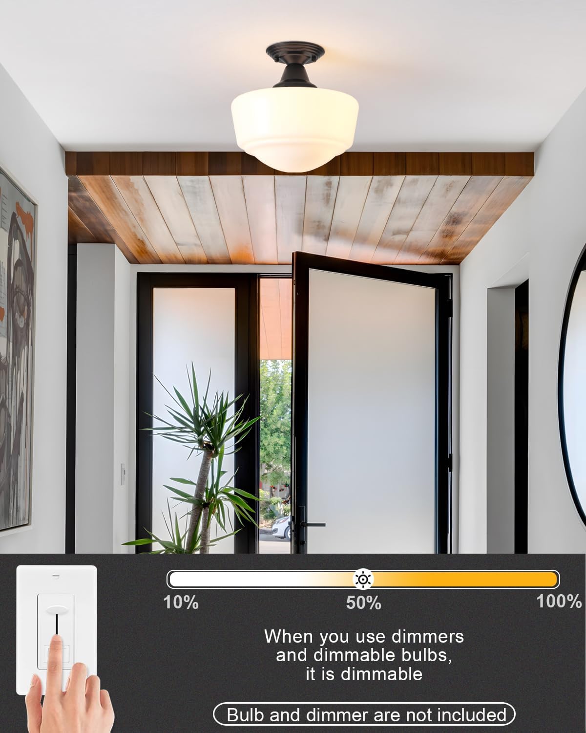 Schoolhouse Light Fixture, 12 Inch Black Finish with Milk Glass Semi Flush Mount Ceiling Light, Ceiling Light Fixture for Kitchen Hallway Entryway