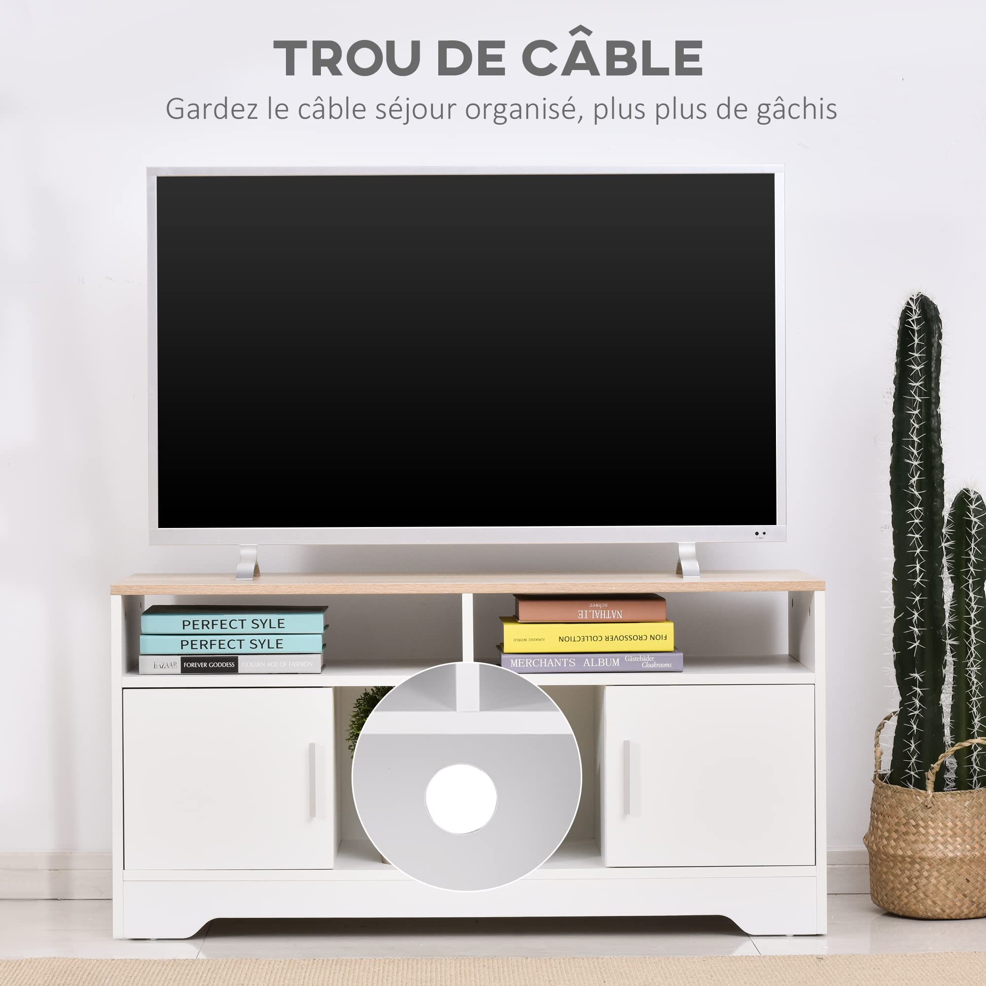 HOMCOM Meuble TV Banc TV en Bois Grand Espace de Rangement avec 2 Compartiments Ouverts 2 armoires à Porte Une Armoire Ouverte 105 x 40 x 52 cm Blanc