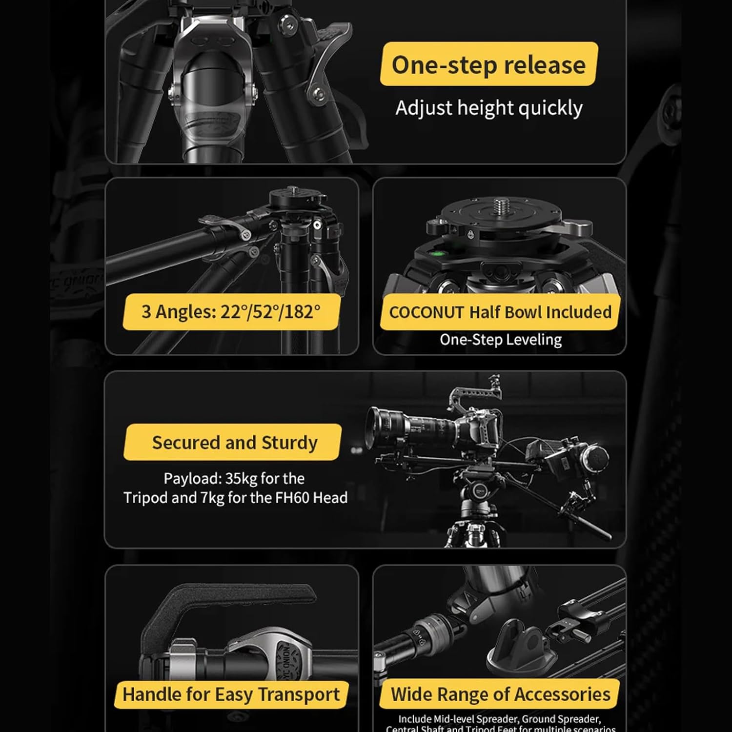 YC Onion PINETA Peak Carbon Fiber Tripod with Coconut 75mm Bowl Head, 35kg/77lbs Payload with Bowl Head, Adjustable Legs, One Step Release Travel Camera Tripod for Mirrorless, DSLR