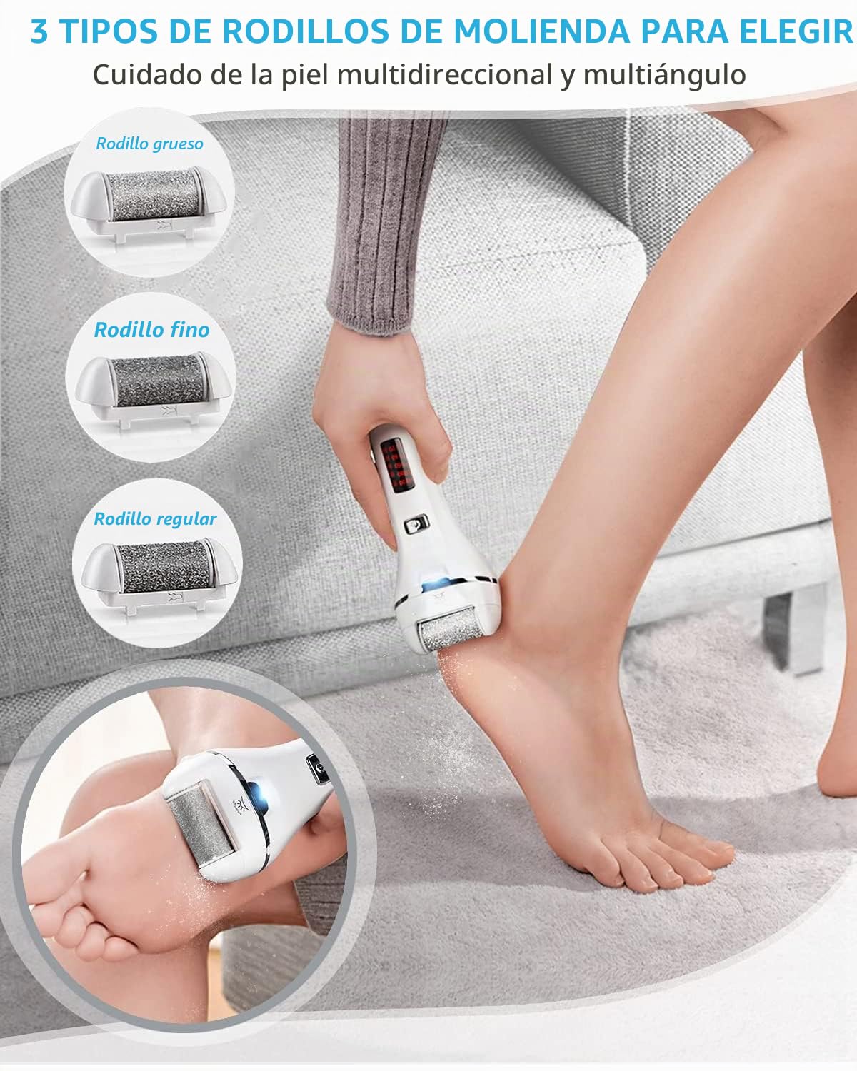 Lima Eléctrica Pies Durezas,Vxdoirk Profesional Quita Durezas para Pies Electrico Callos Pies Eliminar,Lima Pies Durezas Eliminar Recargable e Impermeable con 3 Rodillos y 2 Velocidades Blanco