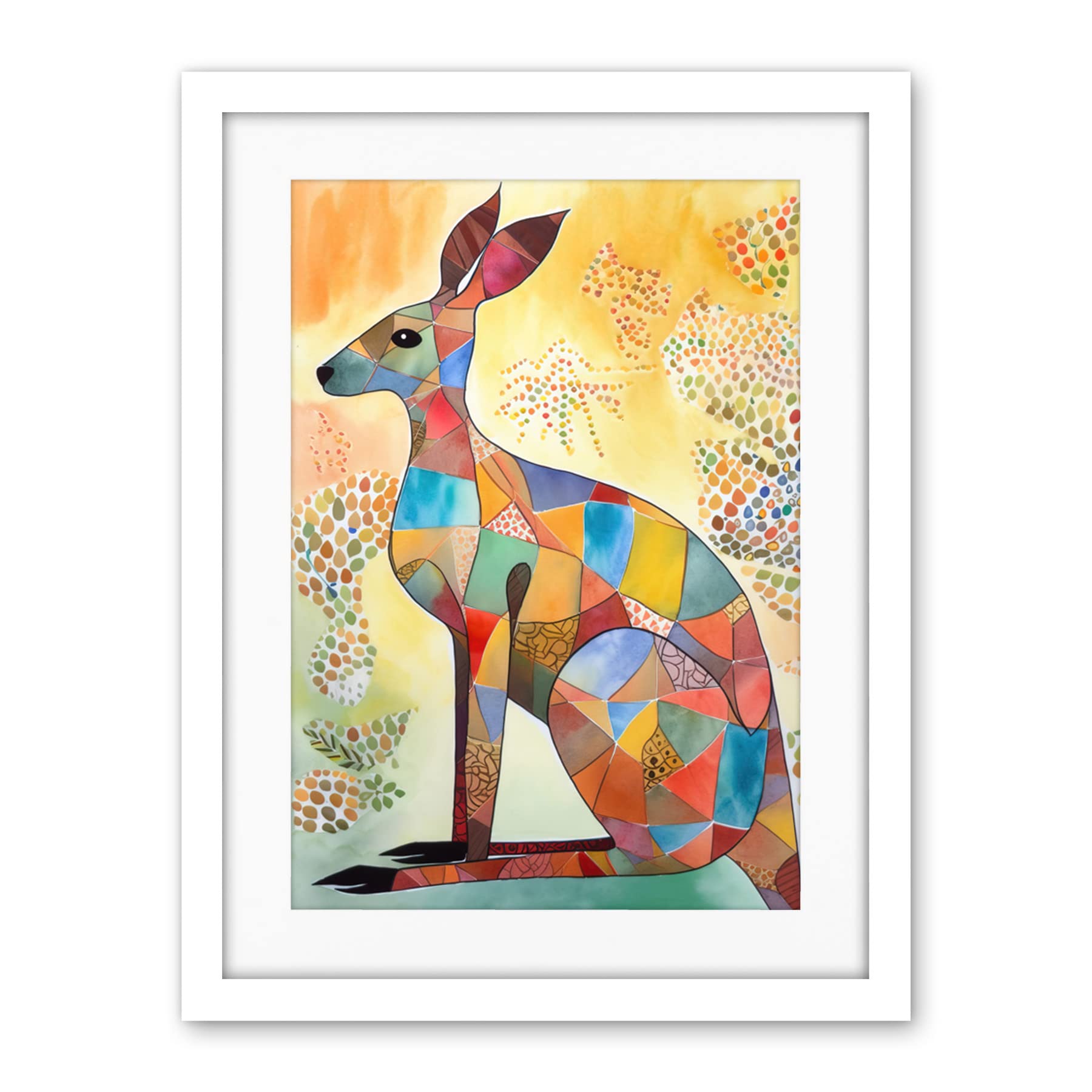 Artery8 Multicoloured Kangaroo Folk Art Watercolour Painting Artwork Framed Wall Art Print 18X24 Inch