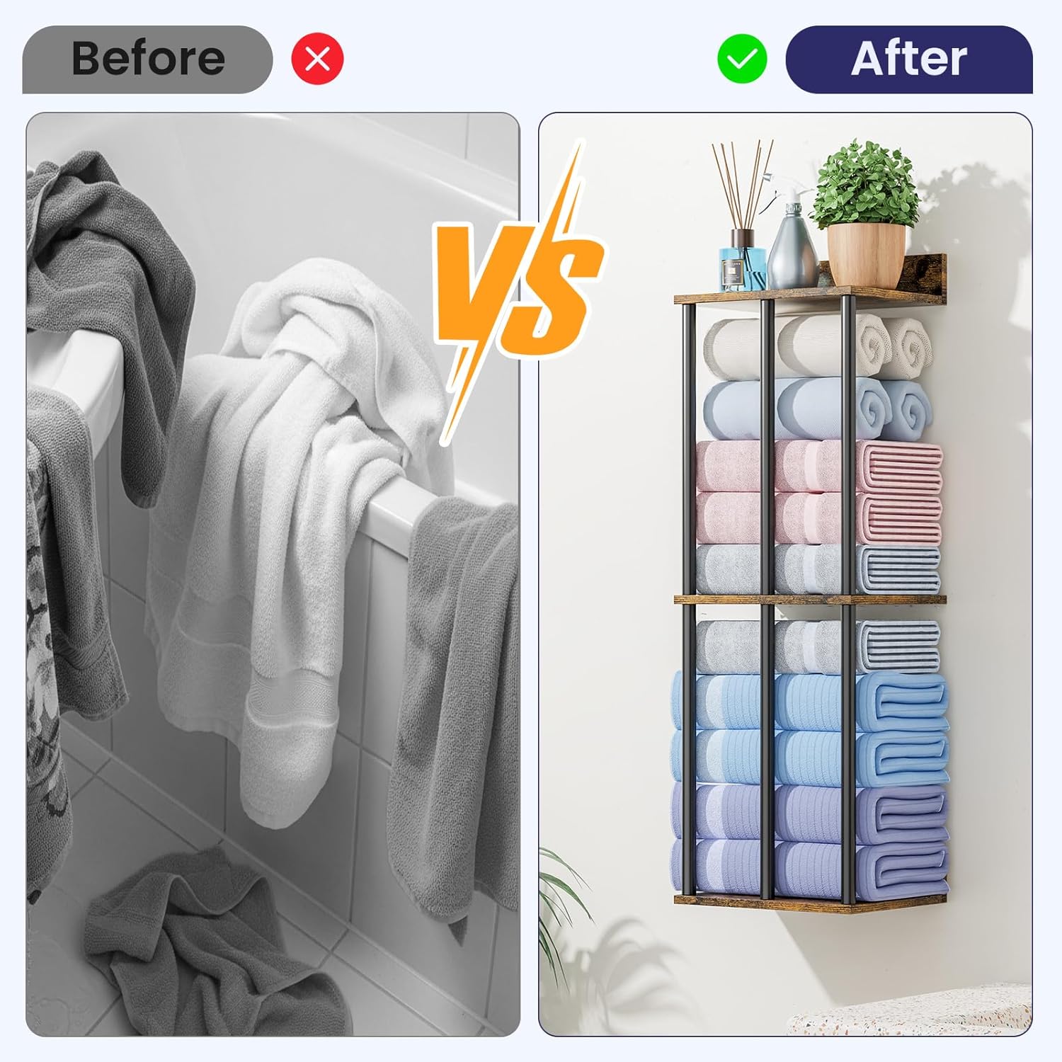 34 Inch Bathroom Towel Rack with Shelf – Modern Towel Holder for Bathroom Wall Mounted, Holds 6 Large Bath Towels, Rolled Towel Organizer for Bathroom, Laundry Room, and Small Space Storage, 3-Tier