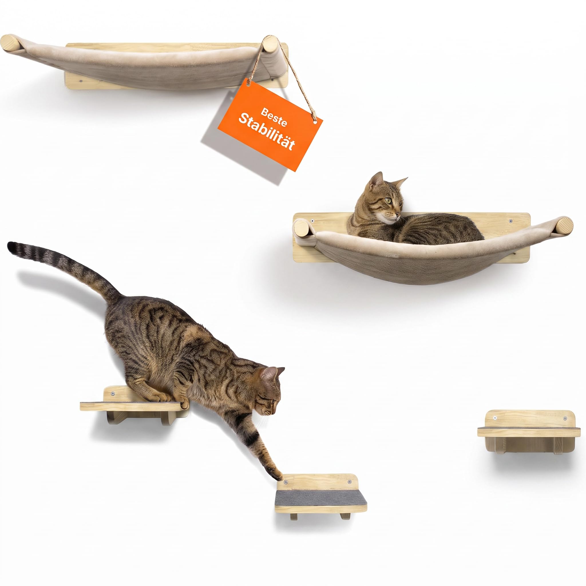 WOOWOOD® Kletterwand Katzen 5-teilig, 2 Hängematten & 3 Treppen, Naturholz