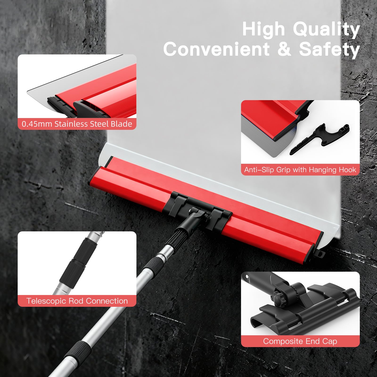 Kit de spatules de surface (250/400/600 mm) et tige télescopique de 0,97 m à 1,82 m avec adaptateur, kit de spatule de lissage multifonction pour grand espace de travail, décoration murale (Rouge) - 5