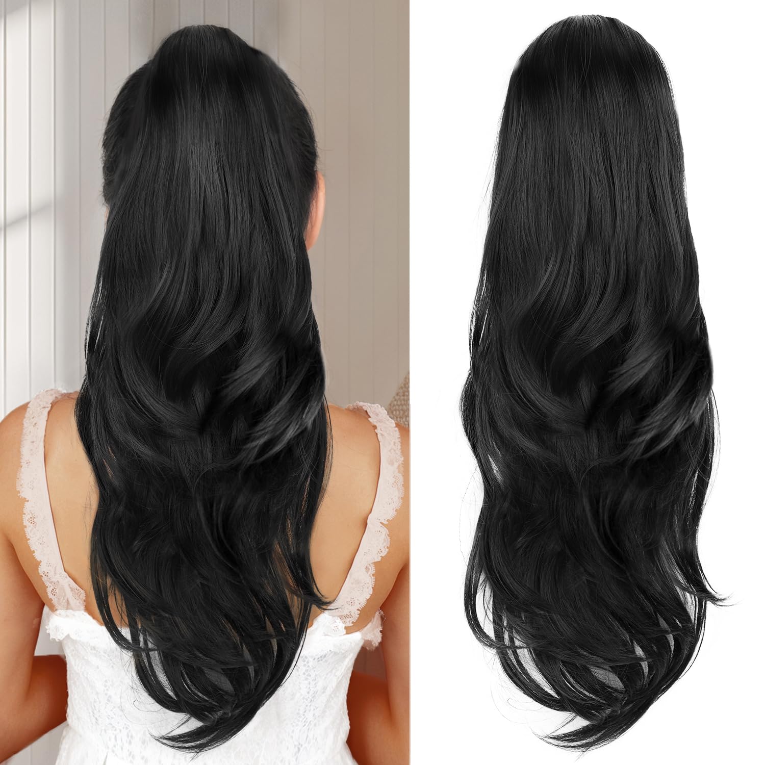 Stamped Glorious Ponytail Extension Drawstring Ponytail Extension for Women 26 Inch Long Wavy Layered Pony Tails Hair Extensions Clip in Ponytail Hairpiece for Daily Party Use（Black）