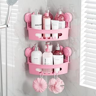 TAILI Suction Corner Shower Caddy, Bathroom Shelf Storage Basket Wall Mounted Organizer for Shampoo, Conditioner, Plastic Rack for Kitchen and Bathroom, Drill-Free Removable (2 Pack)-PINK