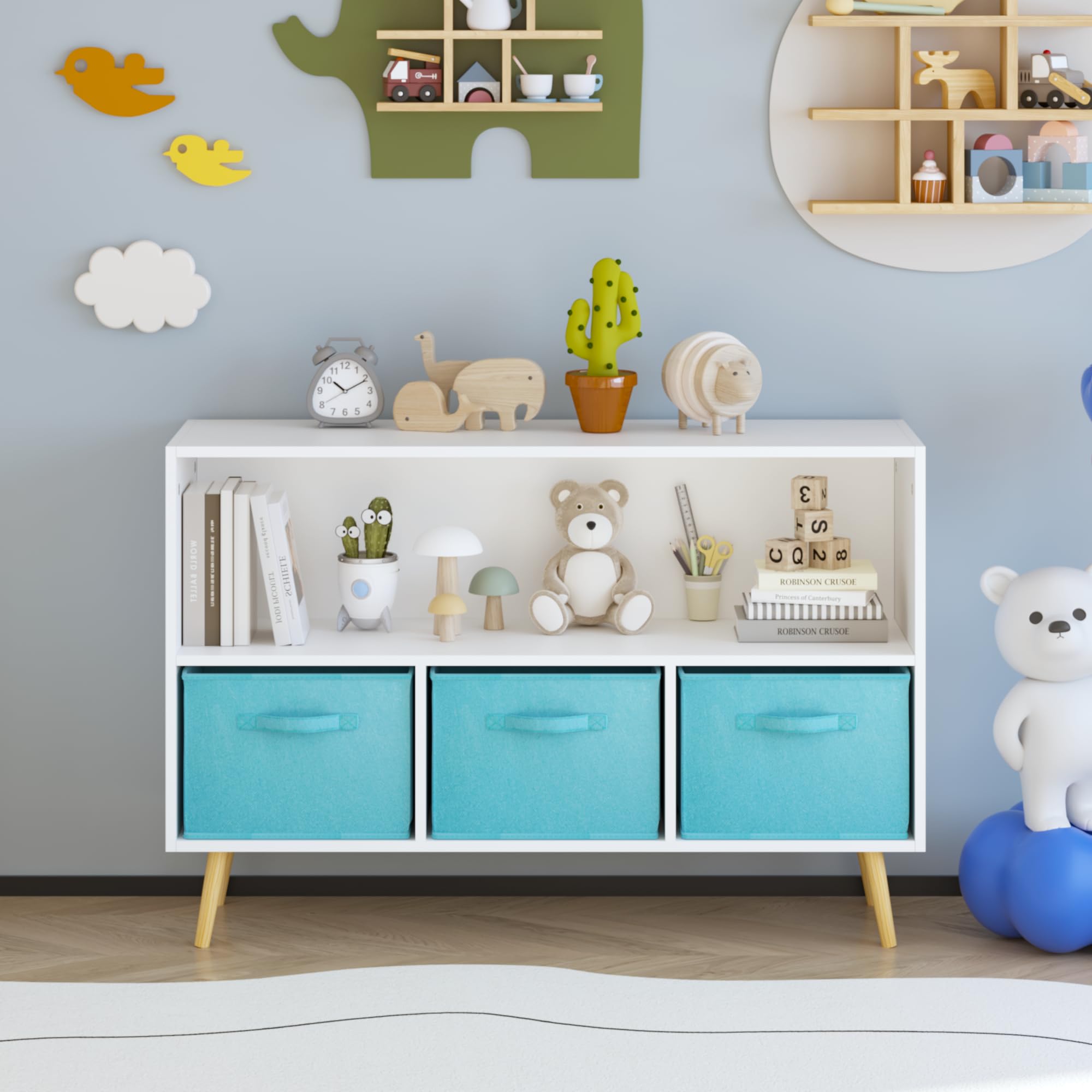 Timy Kids Bookcase with Collapsible Fabric Drawers Children's Book Display Toy Storage Cabinet Organizer Kids Bookshelf White/Blue