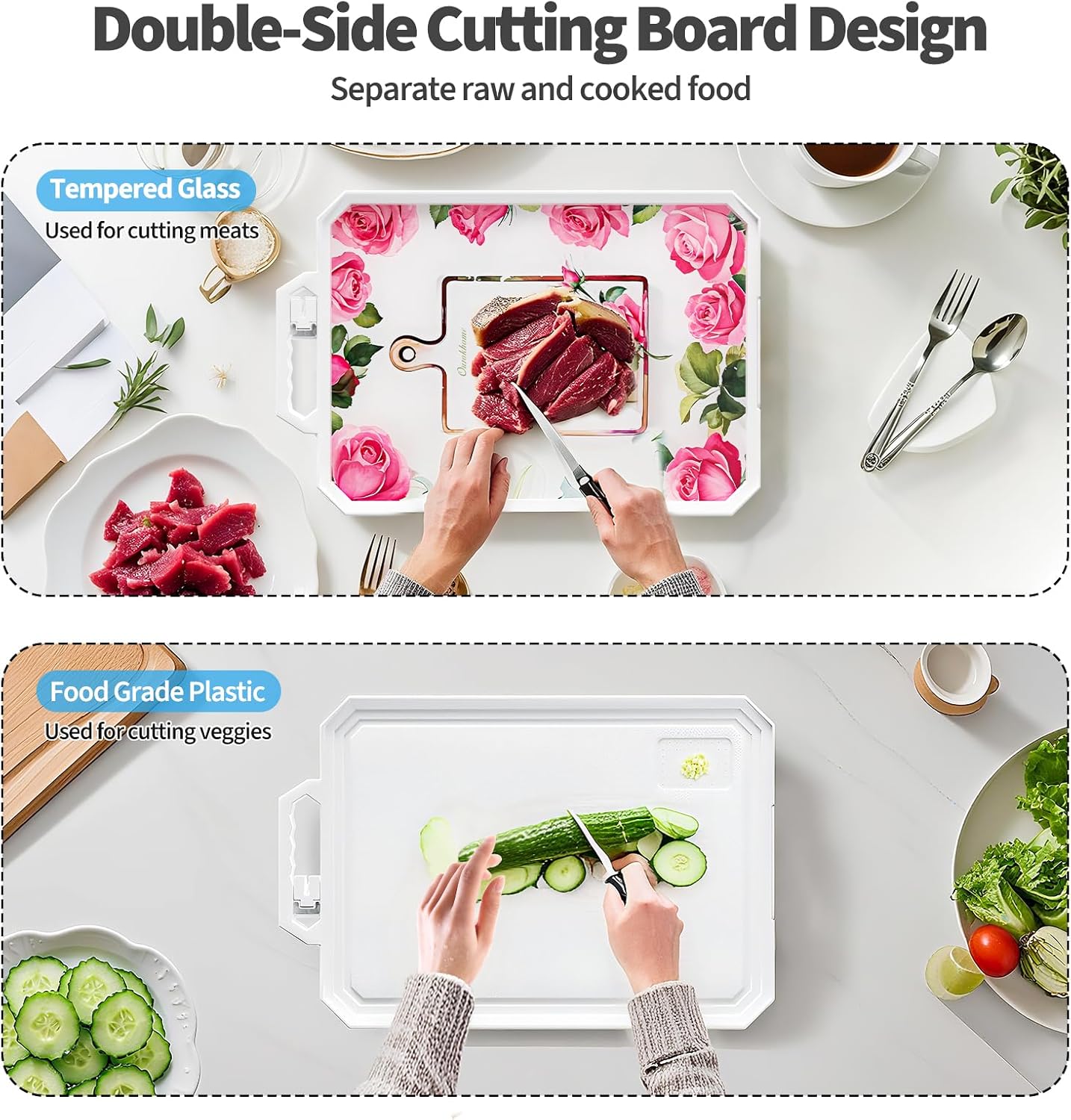 Ourokhome Cutting Board for Kitchen, Tempered Glass Cutting Board Double Sided Food Grade for Chopping Meat, Vegetables, Fruits, Cheese, Knife Friendly with Handles and Knife Sharpener, Red