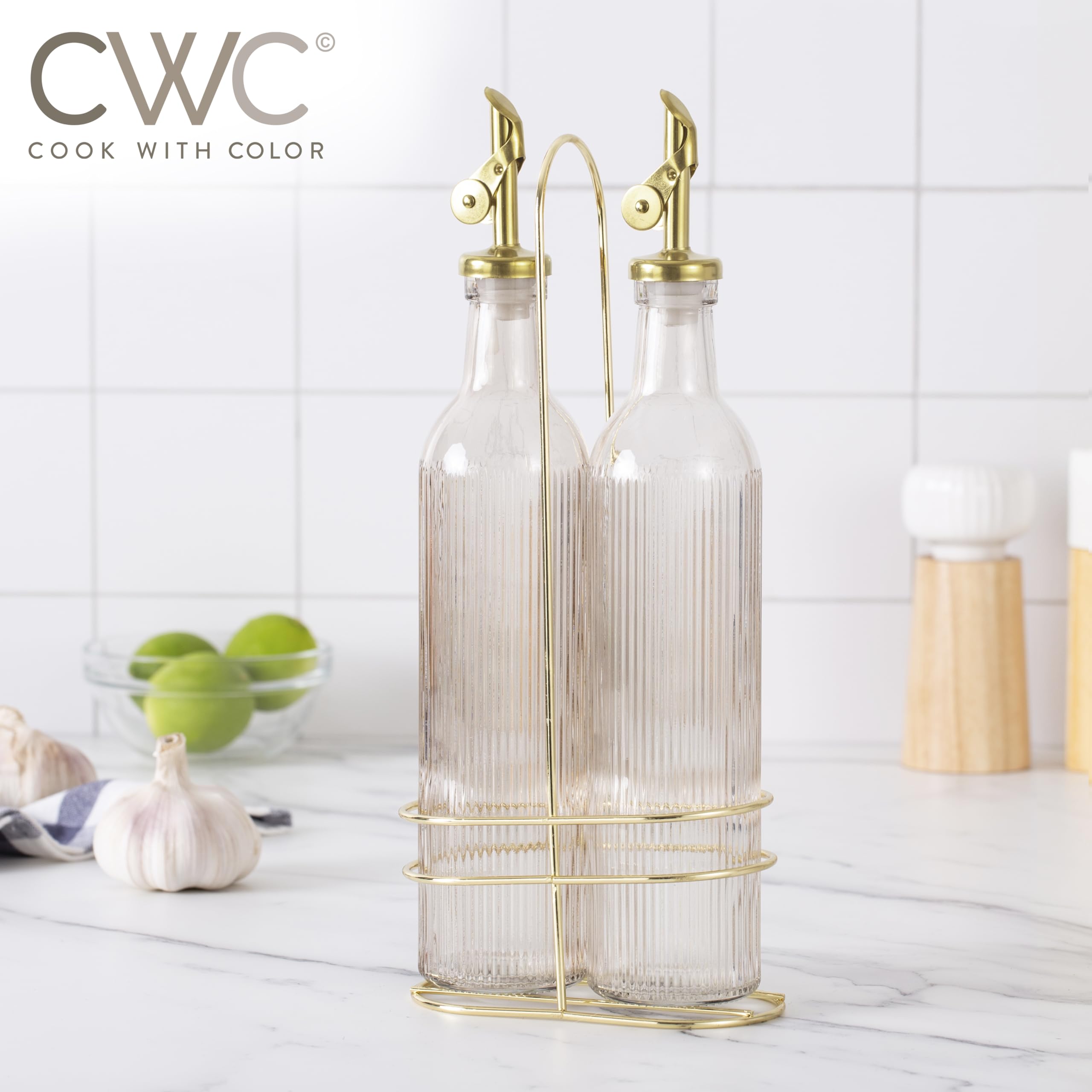 COOK WITH COLOR Olivenöl-Spender Aus Glas – 2 Stück, 480 Ml, Mit Goldenem Drahtgestell, Tropffrei, Für Küche & Tisch