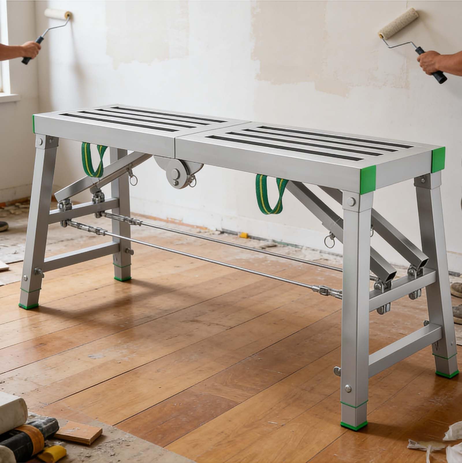 Folding Scaffolding Work Platform, Adjustable Height, Carbon Steel Structure, for RV Cleaning High Painting Walls, Drywall, Decorating,001,200cm