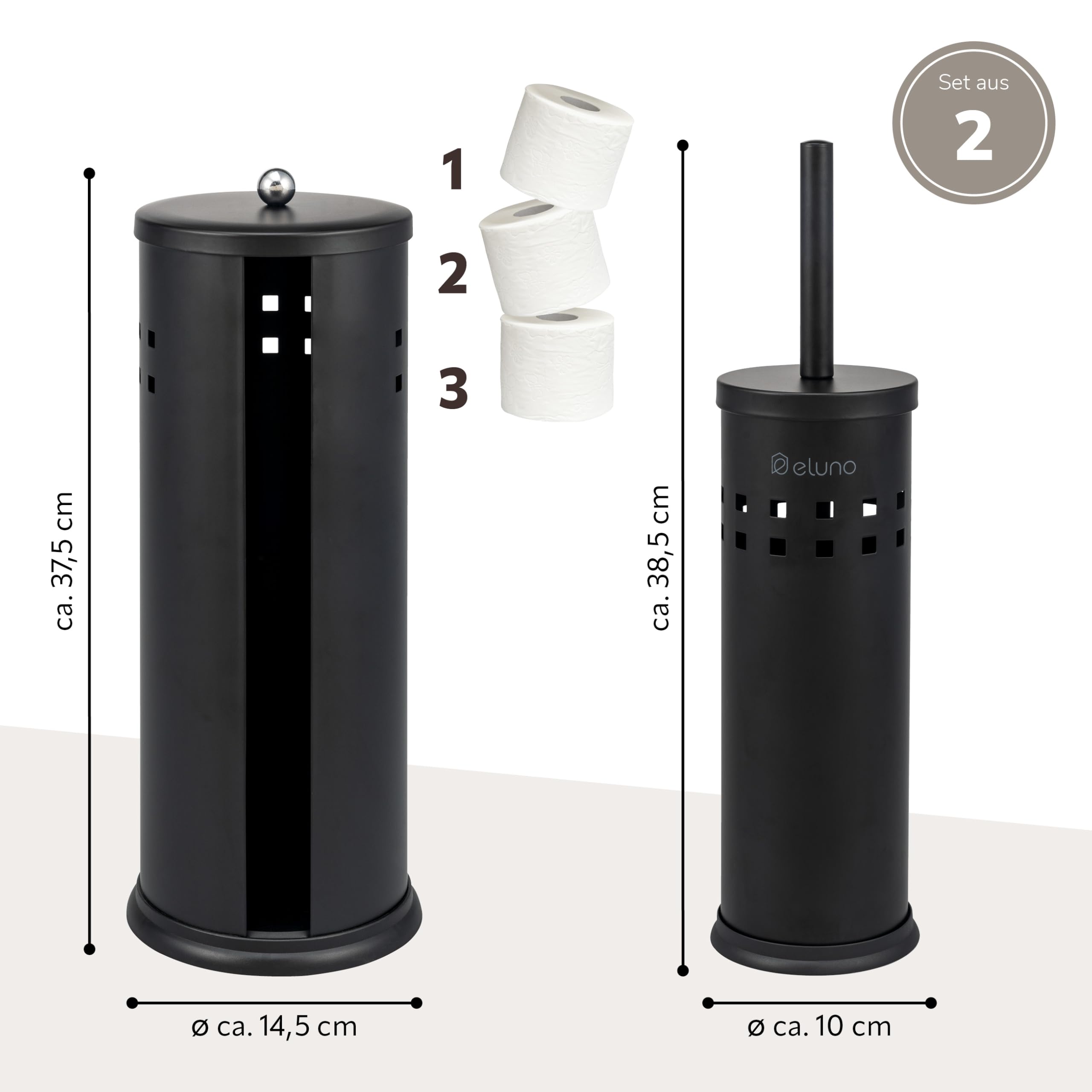 eluno Bad-Set AGLIANO 2tlg. mit Loch-Dekor, bestehend aus 1x WC-Garnitur und 1x Toilettenpapier Aufbewahrung, rund aus schwarzem Metall