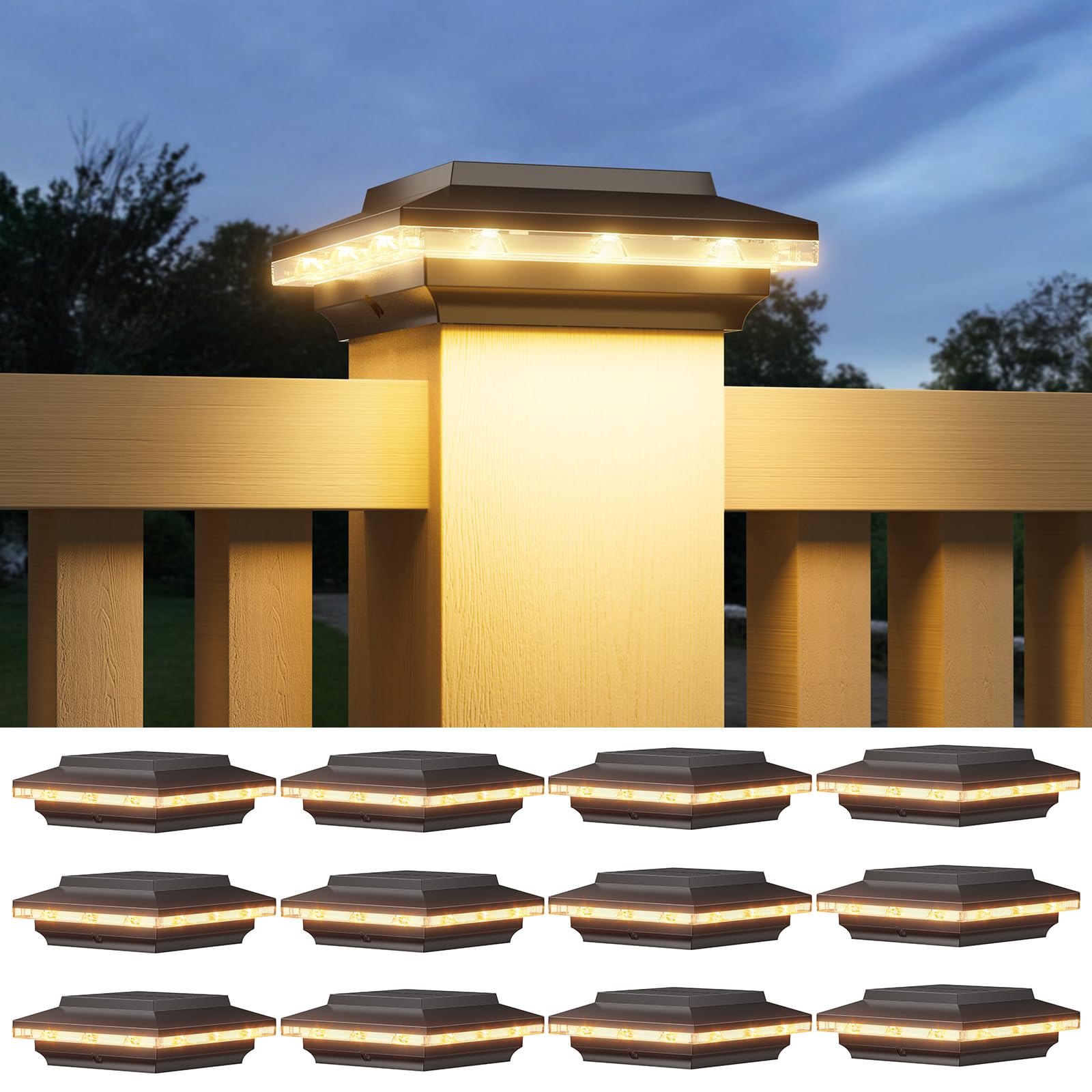 ELECLINK 12 Stück 4 x 4 Solar-Pfostenkappen-Lichter, heller und erweiterter Lichtstrahl zum Licht, Pfostenzaun-Deck mit warmem/weißem Licht, wasserdichte Außenpfosten, Solarleuchten für Terrasse