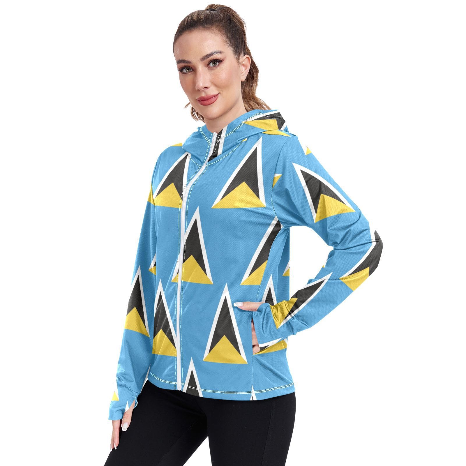 Saint Lucia Flag Women's UPF 50+ Sun Protection Hoodie Jacket Lightweight Long Sleeve Sun Shirt with Pocket Multicoloured