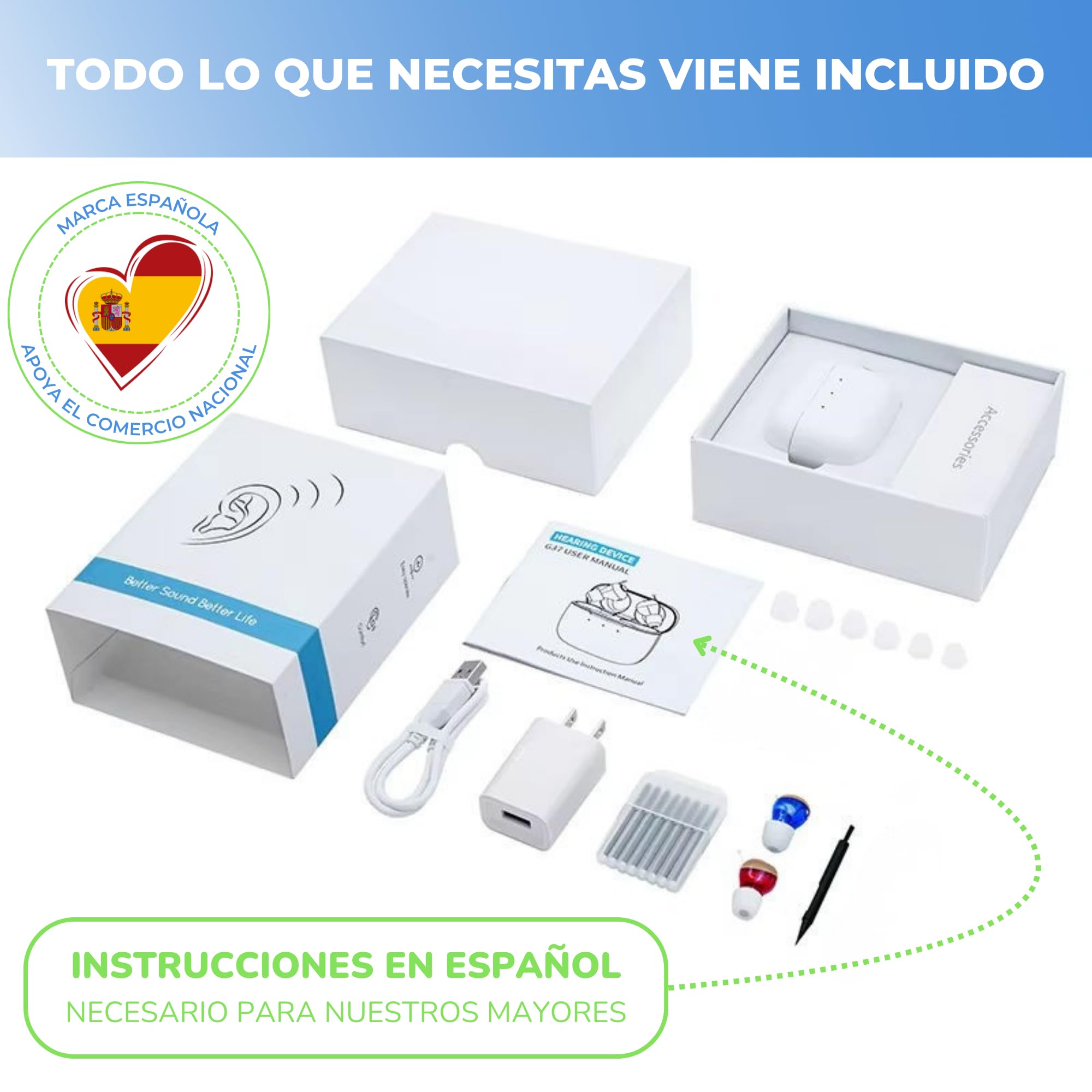 Amplificador de Sonido Recargable, Amplificador Auditivo CIC, Tamaño Ultra Reducido, Estuche Portátil Carga Rápida, 2 Unidades Intercambiables, Manual en Español, Larga Duración 80 Horas