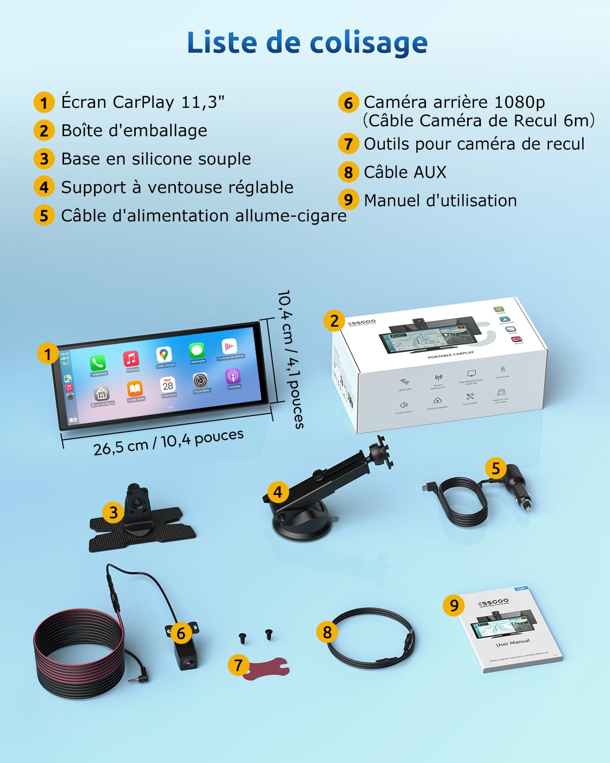 ESSGOO CarPlay Voiture, Supporte CarPlay sans Fil et Android Auto, Écran Tactile IPS 11,3 Pouces, Caméra Avant 4K et Caméra de Recul 1080P, Bluetooth 5.3, GPS, FM, AUX, Mirror Link
